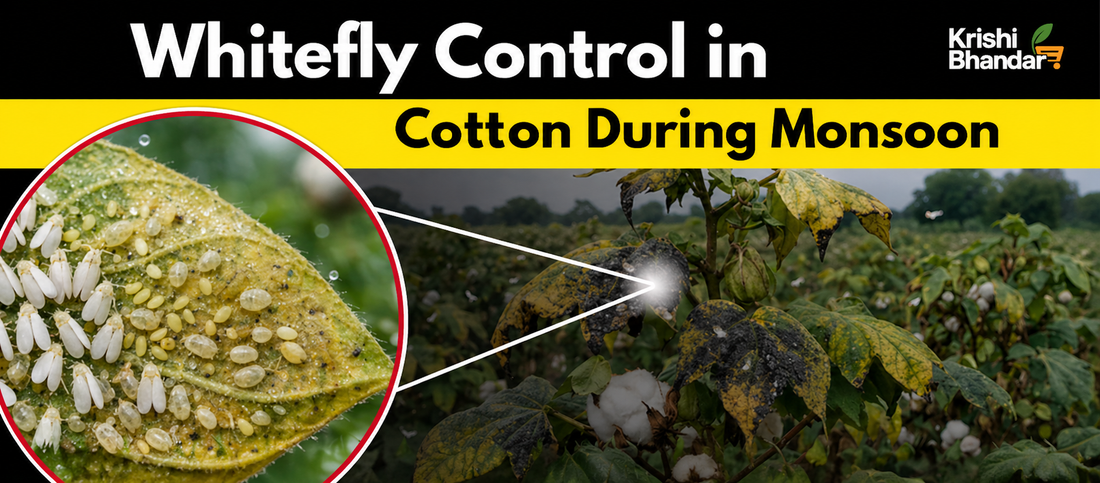 Close-up of whiteflies on cotton plant leaf with monsoon-affected cotton field in background showing pest infestation damage