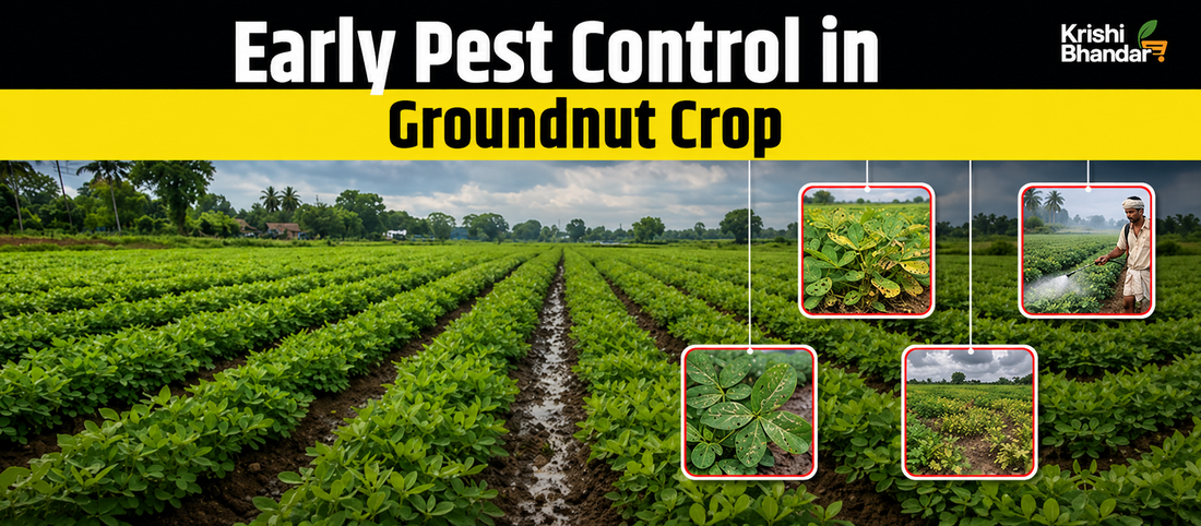 Groundnut leaves showing mining lines yellowing and curling from pest damage