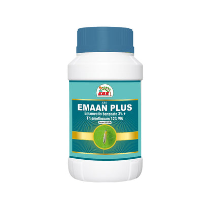 Emaan Plus insecticide bottle, Emamectin Benzoate 3% + Thiamethoxam 12% WG, on white background