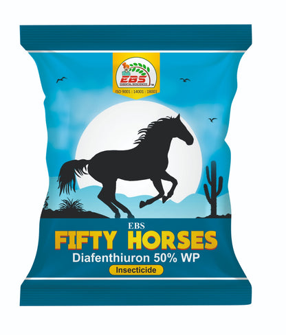 EBS Fifty Horses insecticide packaging with a horse silhouette on a blue background