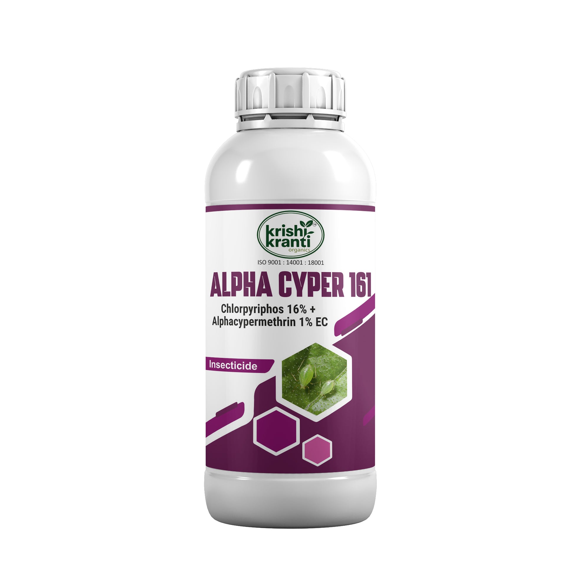White plastic bottle of Krishi Kranti Alpha Cyper 161 insecticide (Chlorpyriphos 16% + Alphacypermethrin 1% EC) on a white background.