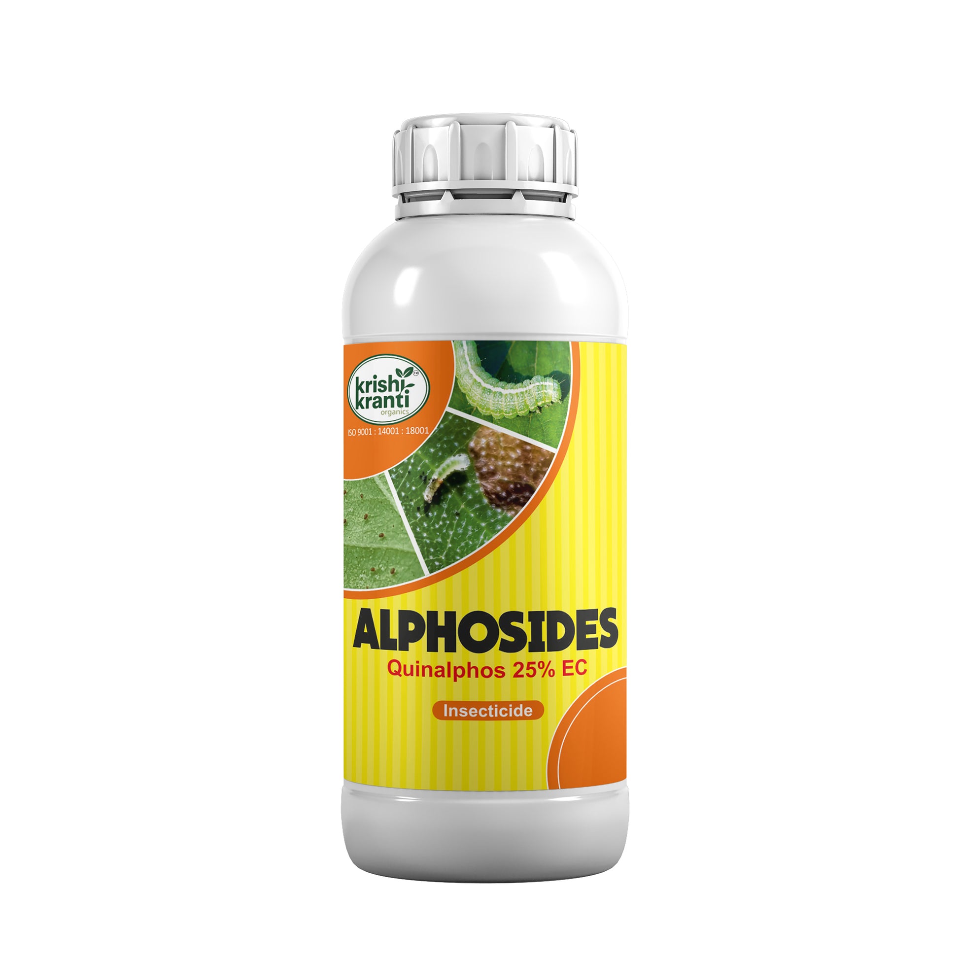 White plastic bottle of Krishi Kranti Alphosides Quinalphos 25% EC insecticide on a white background.