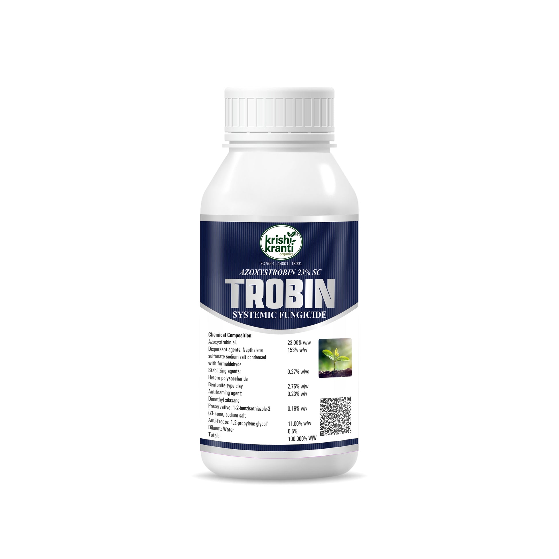 Azoxystrobin 23% SC Systemic Fungicide Trobin by Krishikranti for effective control of blast, sheath blight, powdery mildew, rust, anthracnose and other fungal diseases in all crops.