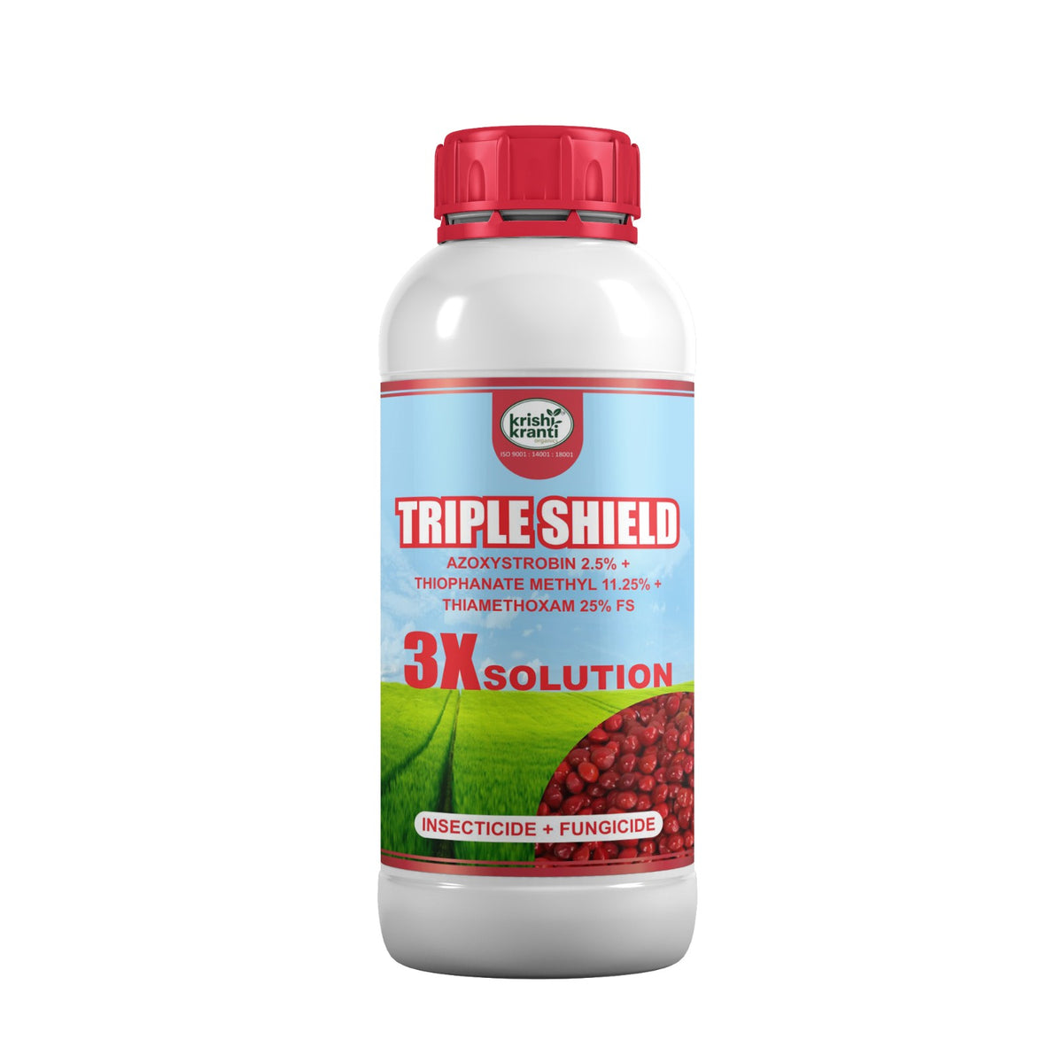 Krishikranti Triple Shield Azoxystrobin 2.5% + Thiophanate Methyl 11.25% + Thiamethoxam 25% FS soybean seed treatment bottle
