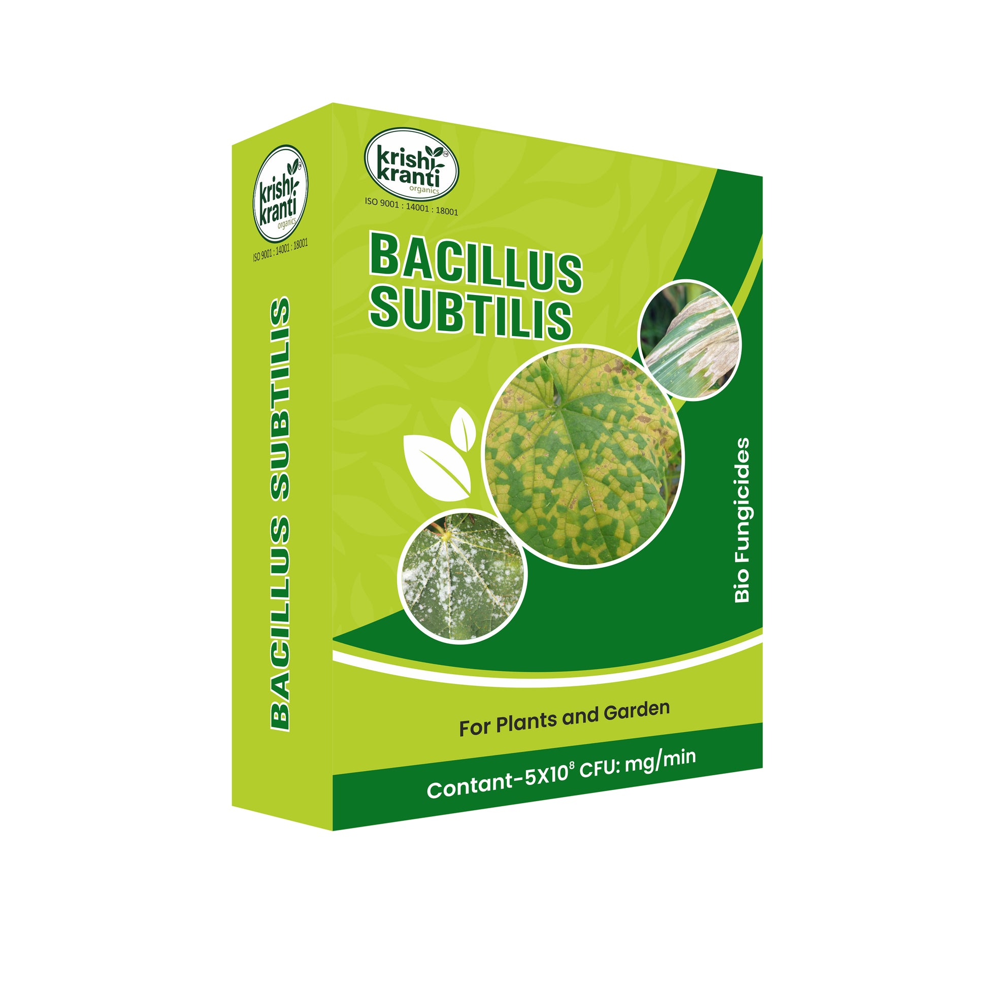 Bacillus Subtilis Bio Fungicide 5 × 10⁸ CFU by Krishikranti for effective control of fungal and bacterial plant diseases, powdery mildew, leaf spot, blight and soil borne pathogens in all crops.