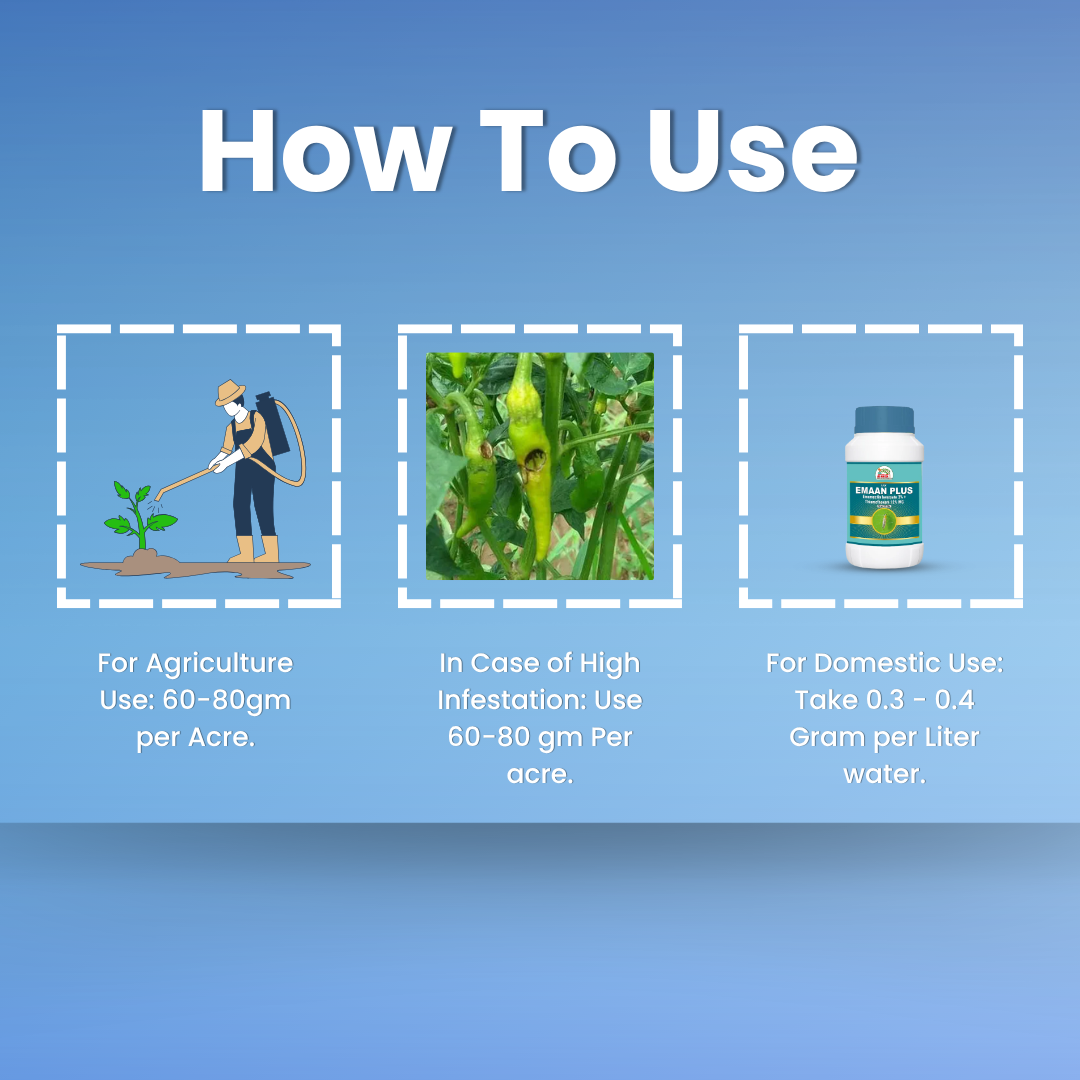 Emaan Plus dosage guide: 60-80g/acre for agriculture, 60-80g/acre for high infestation, 0.3-0.4g/liter for domestic use
