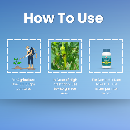 Emaan Plus dosage guide: 60-80g/acre for agriculture, 60-80g/acre for high infestation, 0.3-0.4g/liter for domestic use