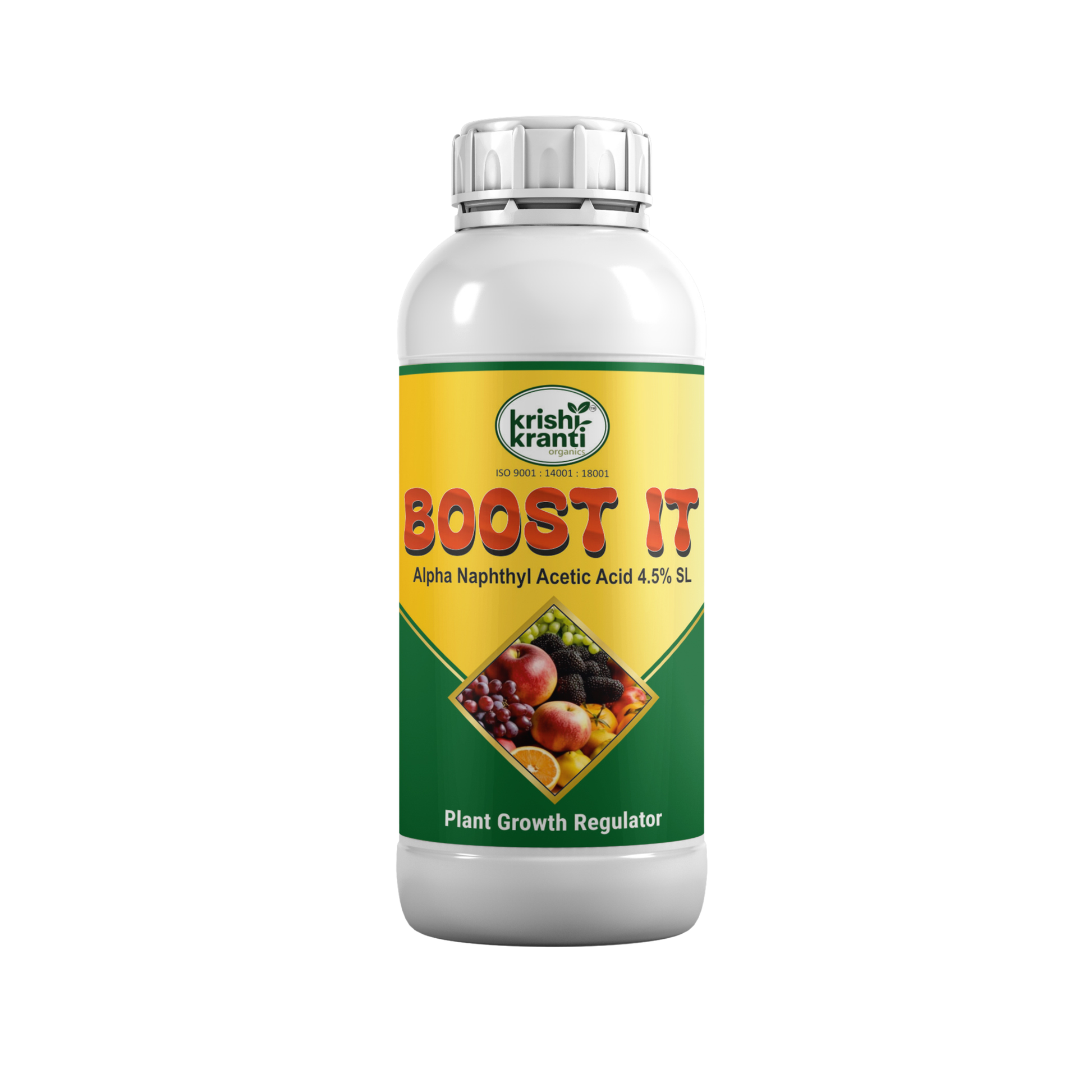 White plastic bottle of Krishi Kranti Boost It Alpha Naphthyl Acetic Acid 4.5% SL plant growth regulator on a white background.