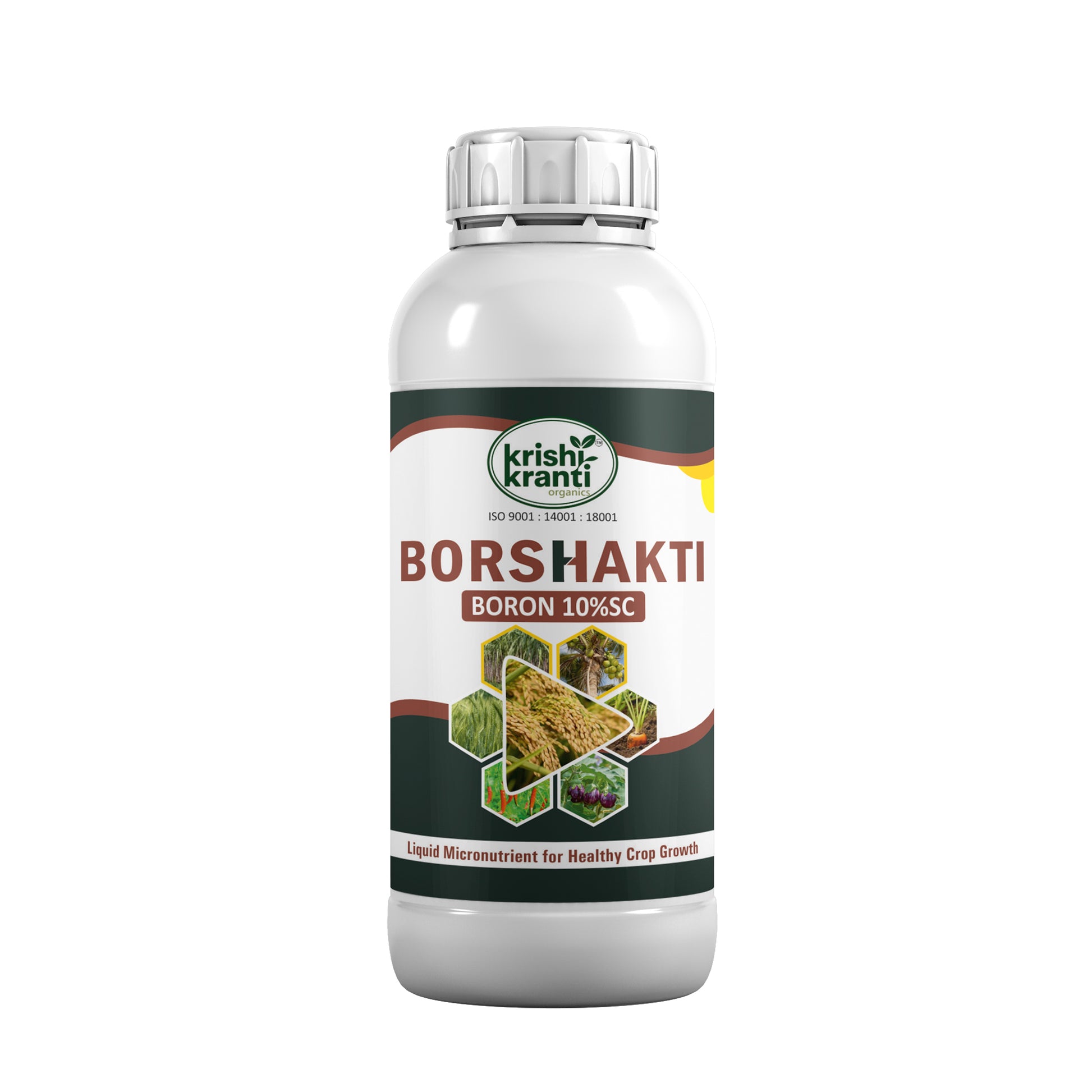 White plastic bottle of Krishi Kranti Borshakti Boron 10% SC liquid micronutrient for healthy crop growth on a white background