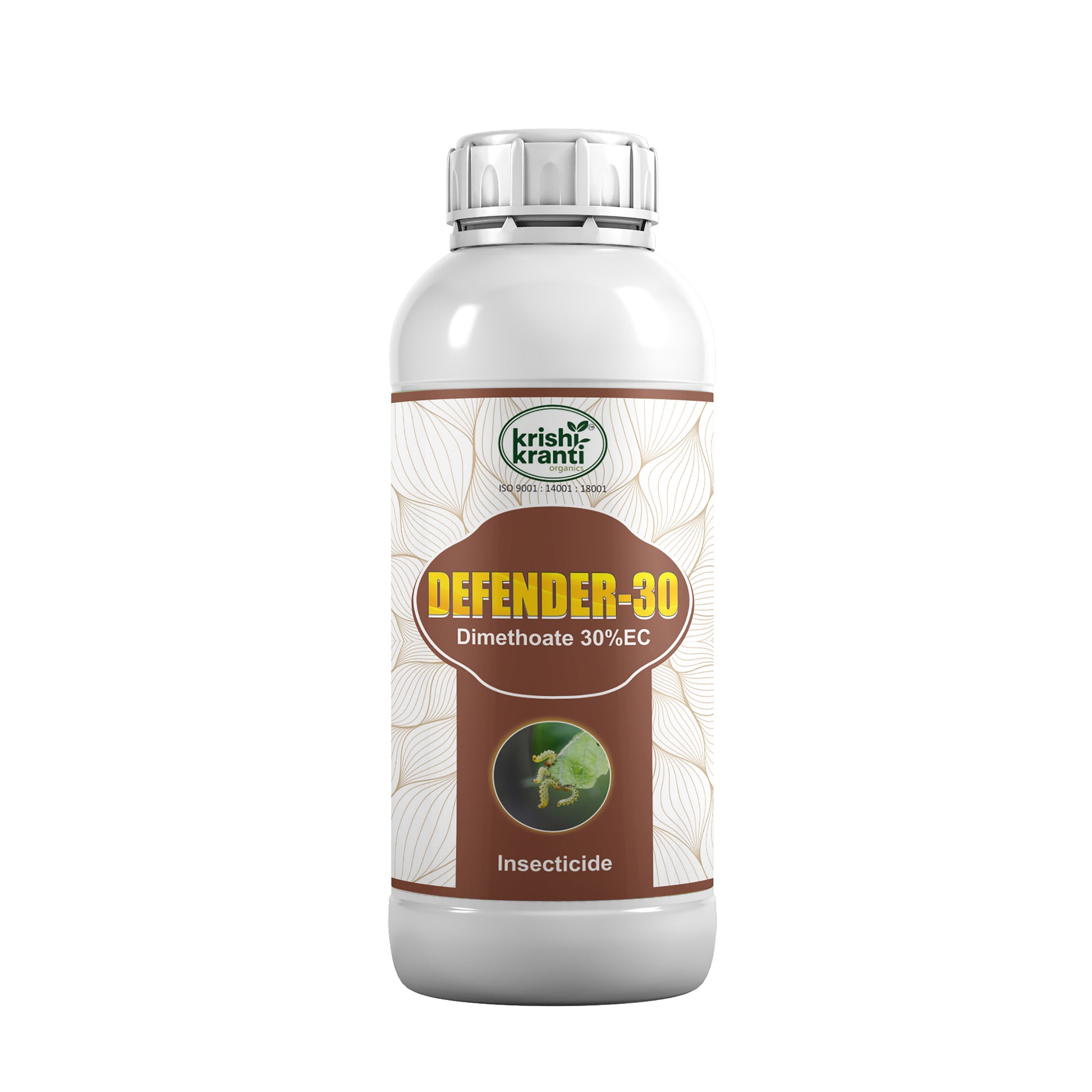 White plastic bottle of Krishi Kranti Defender-30 Dimethoate 30% EC insecticide on a white background