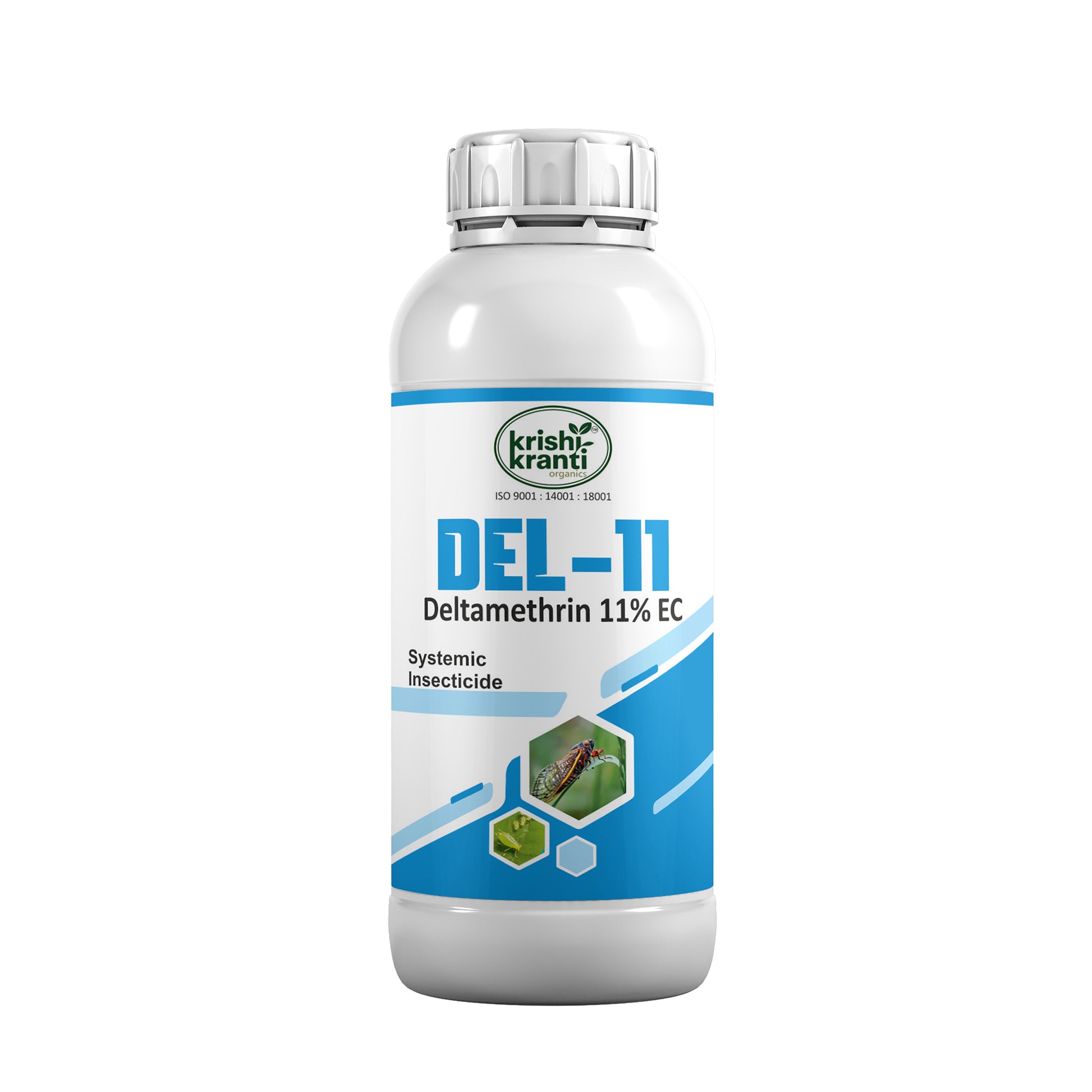 DEL-11 Deltamethrin 11% EC Systemic Insecticide by Krishikranti Organics for effective control of bollworms, stem borers, caterpillars, thrips and other chewing and sucking pests in cotton, paddy, vegetables and field crops.