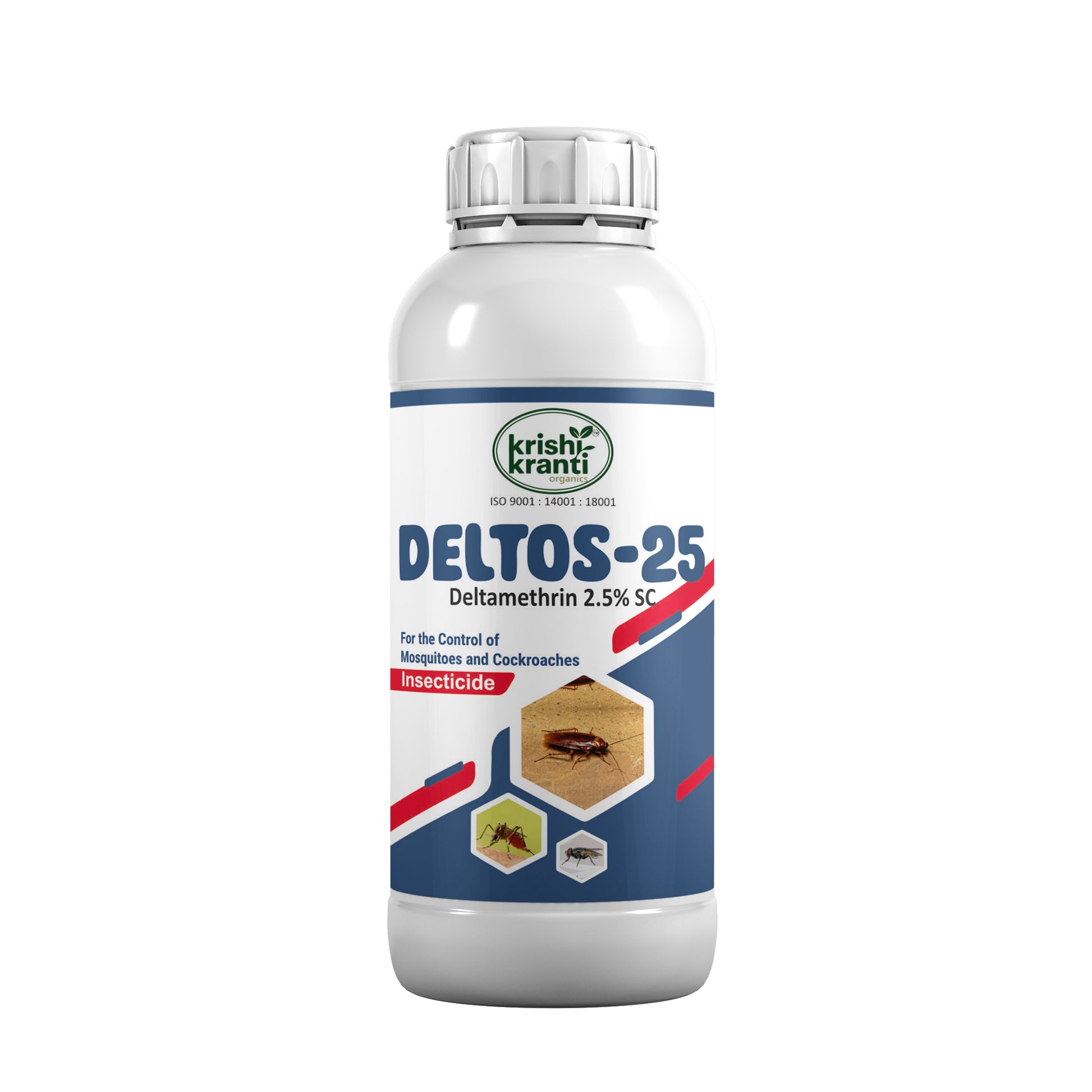 Deltos-25 Deltamethrin 2.5% SC Insecticide by Krishikranti Organics for effective control of mosquitoes, cockroaches, ants, flies and crawling insects in homes, commercial buildings and public health areas.