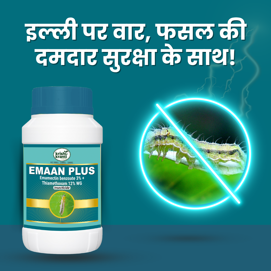 Emaan Plus insecticide bottle containing Emamectin Benzoate 3% and Thiamethoxam 12% WG, with a graphic illustrating caterpillar pest control.