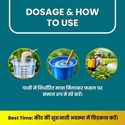 Emaan Plus application guide illustrating product measurement, mixing with water, and uniform spraying on crops.