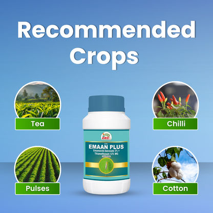 Emaan Plus bottle with recommended crops: tea, chilli, pulses, and cotton