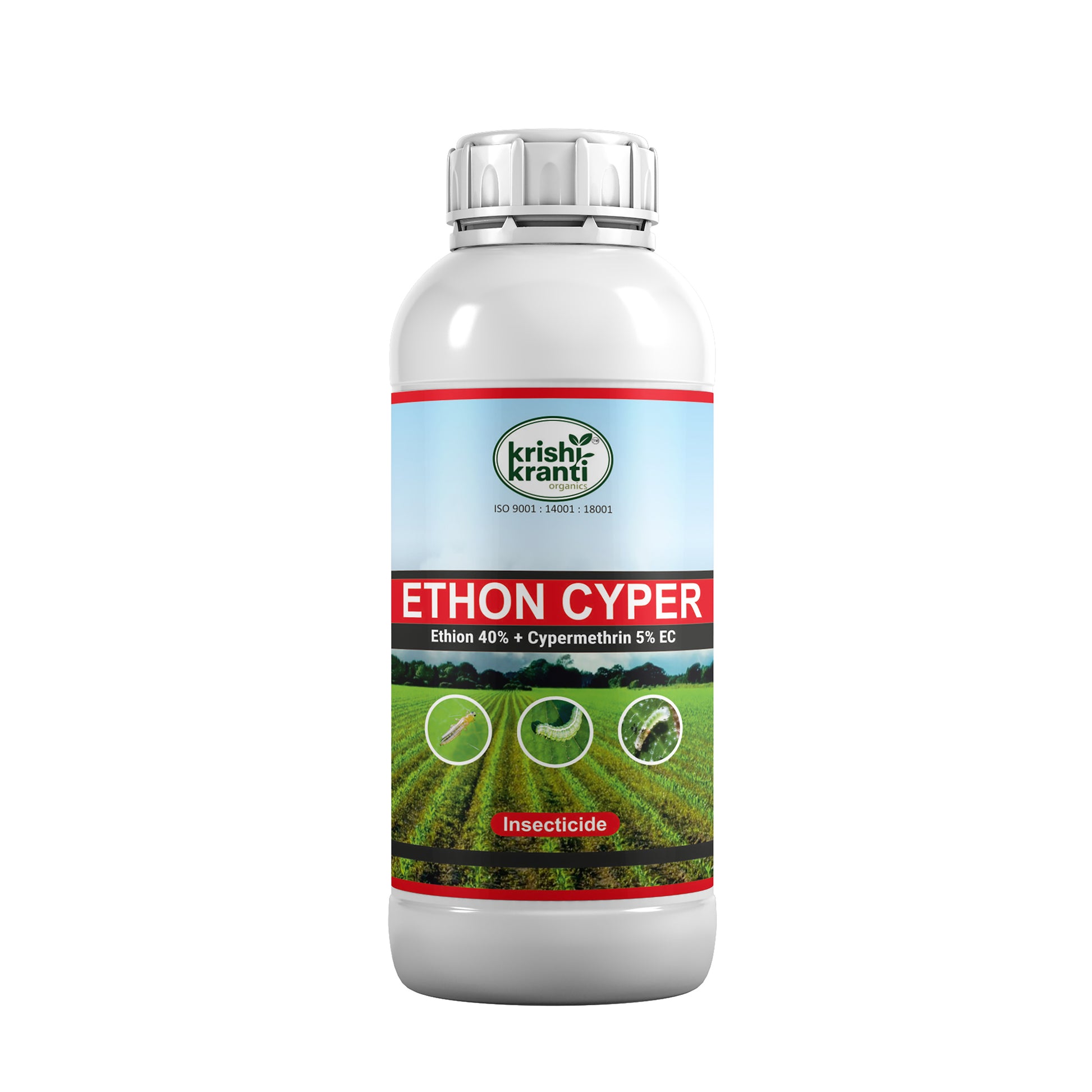 White plastic bottle of Krishi Kranti Ethon Cyper insecticide (Ethion 40% + Cypermethrin 5% EC) on a white background