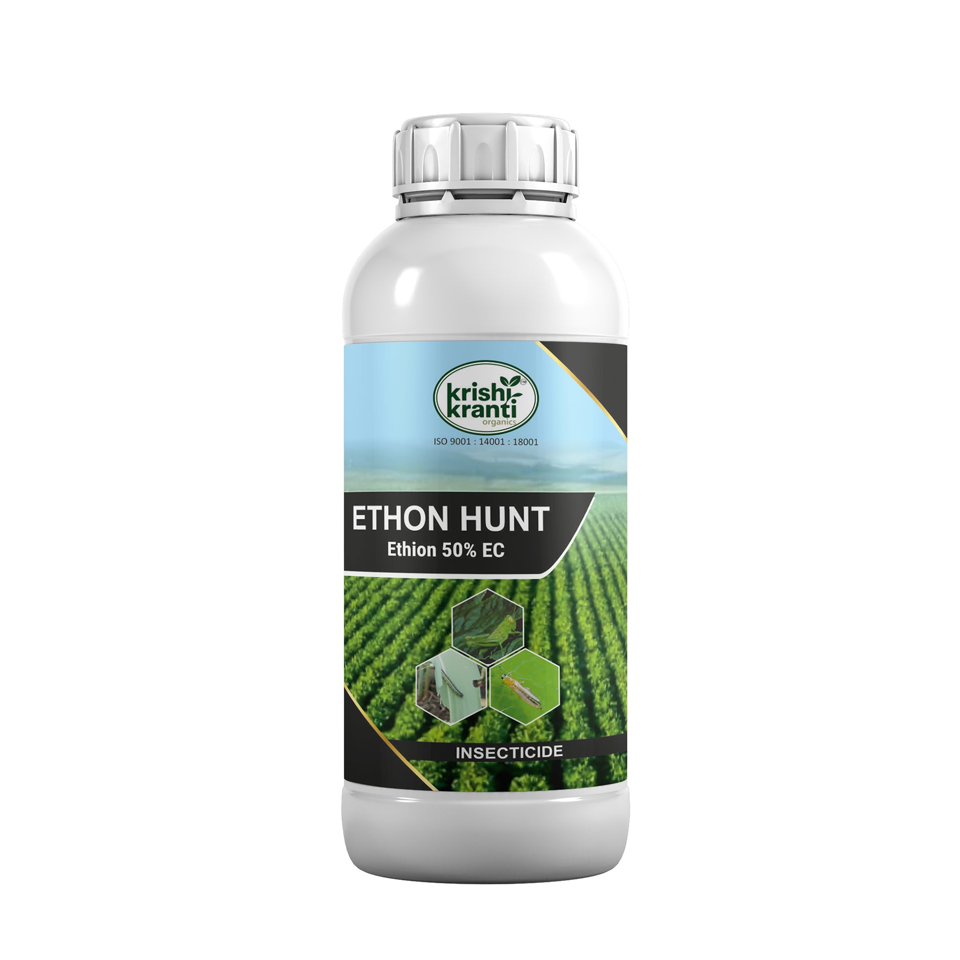 White plastic bottle of Krishi Kranti Ethon Hunt Ethion 50% EC insecticide on a white background