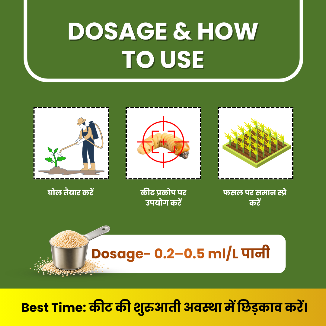 Flubexa dosage and application guide showing solution preparation, pest targeting, crop spraying, and a dosage of 0.2–0.5 ml per litre of water.