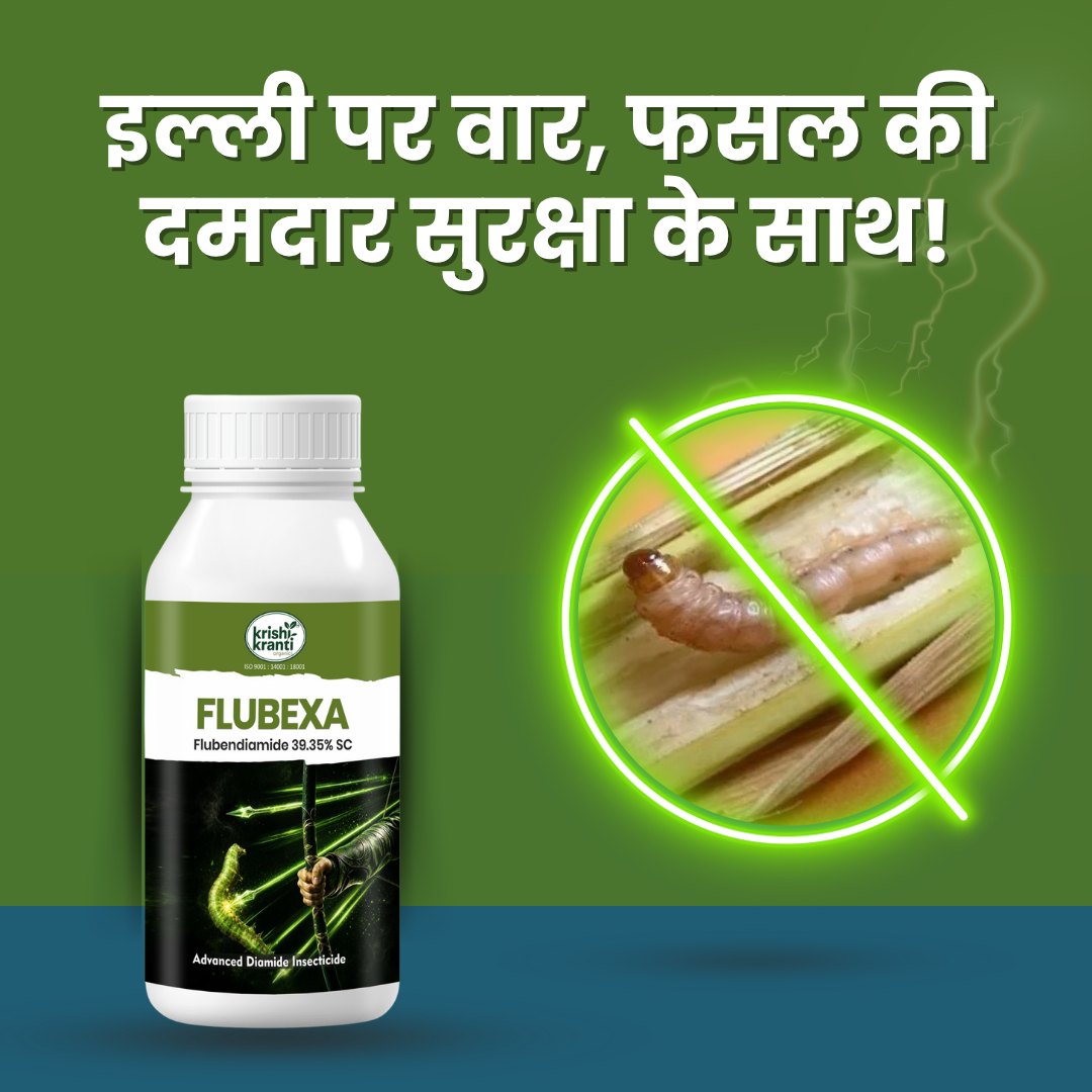Flubexa Flubendiamide 39.35% SC insecticide bottle with a graphic illustrating pest control on crop stems.