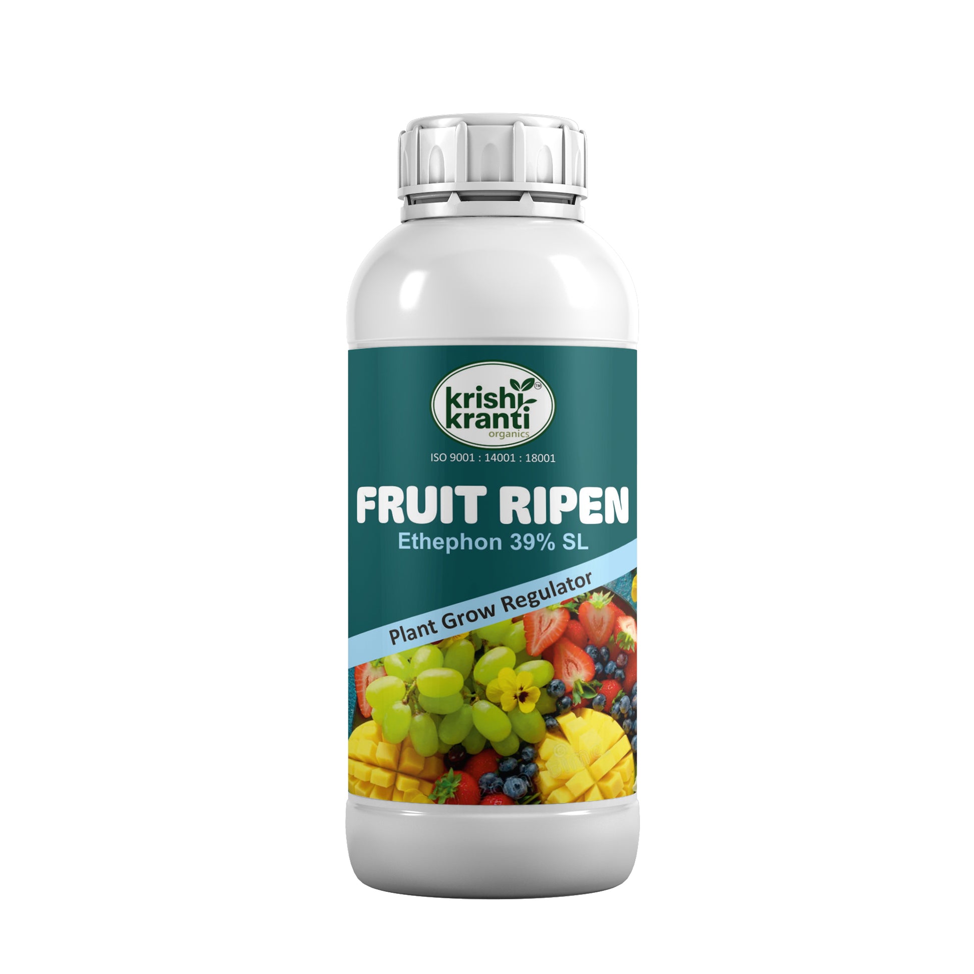 White plastic bottle of Krishi Kranti Fruit Ripen Ethephon 39% SL plant grow regulator on a white background