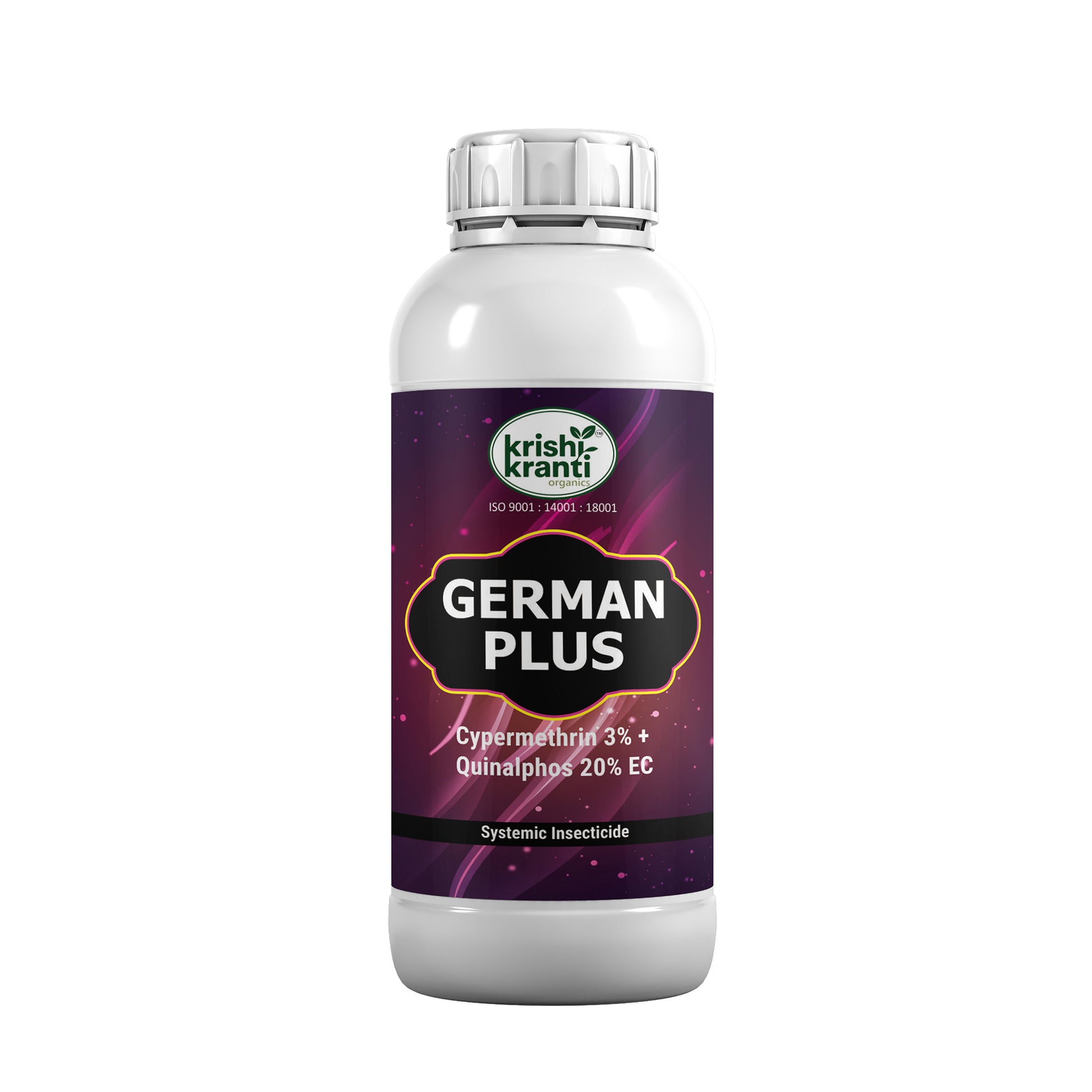 White plastic bottle of Krishi Kranti German Plus Cypermethrin 3% + Quinalphos 20% EC systemic insecticide on a white background.