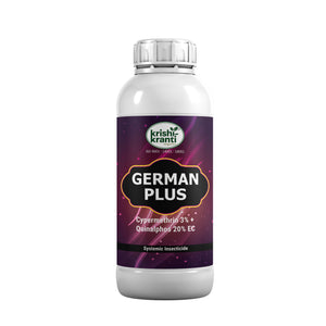 White plastic bottle of Krishi Kranti German Plus Cypermethrin 3% + Quinalphos 20% EC systemic insecticide on a white background.