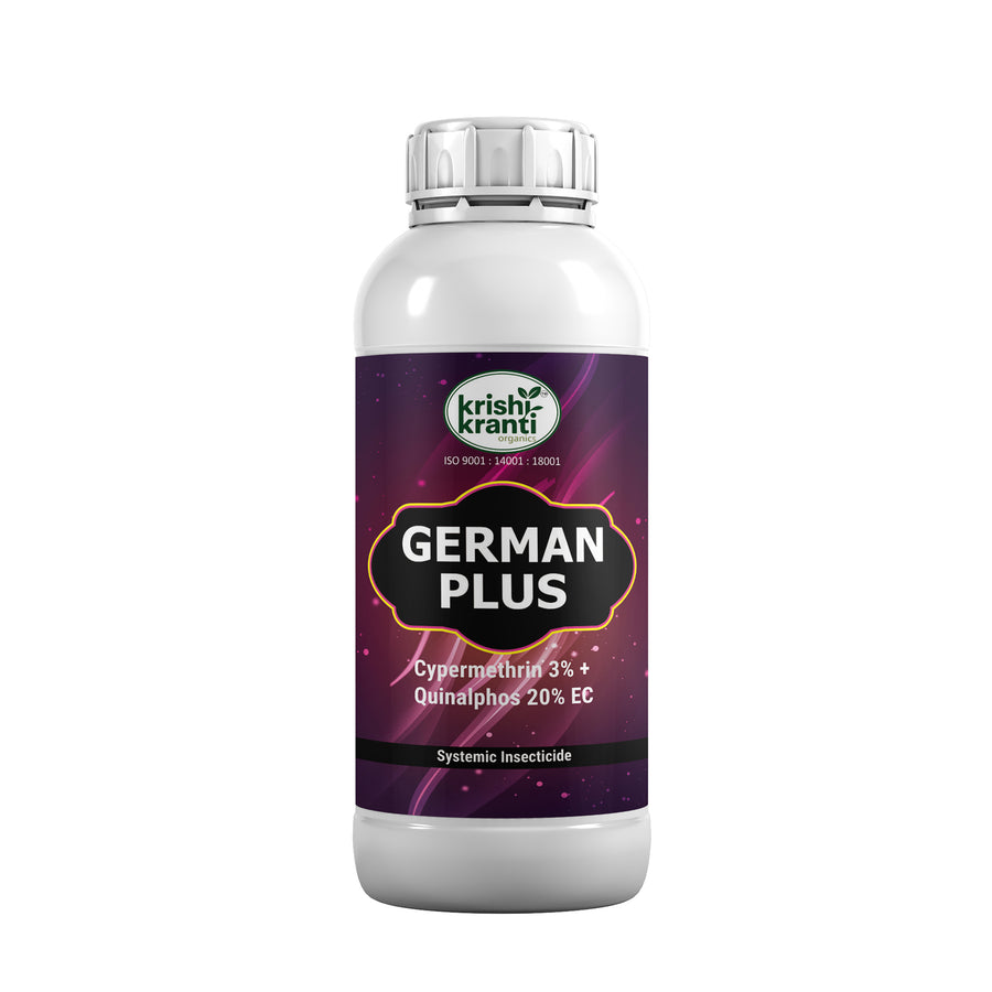 Krishikranti German Plus Cypermethrin 3% + Quinalphos 20% EC  Combination Insecticide for Bollworm, Stem Borer, Pod Borer &amp; Sucking Pest Control in Cotton, Paddy, Pulses & Vegetables