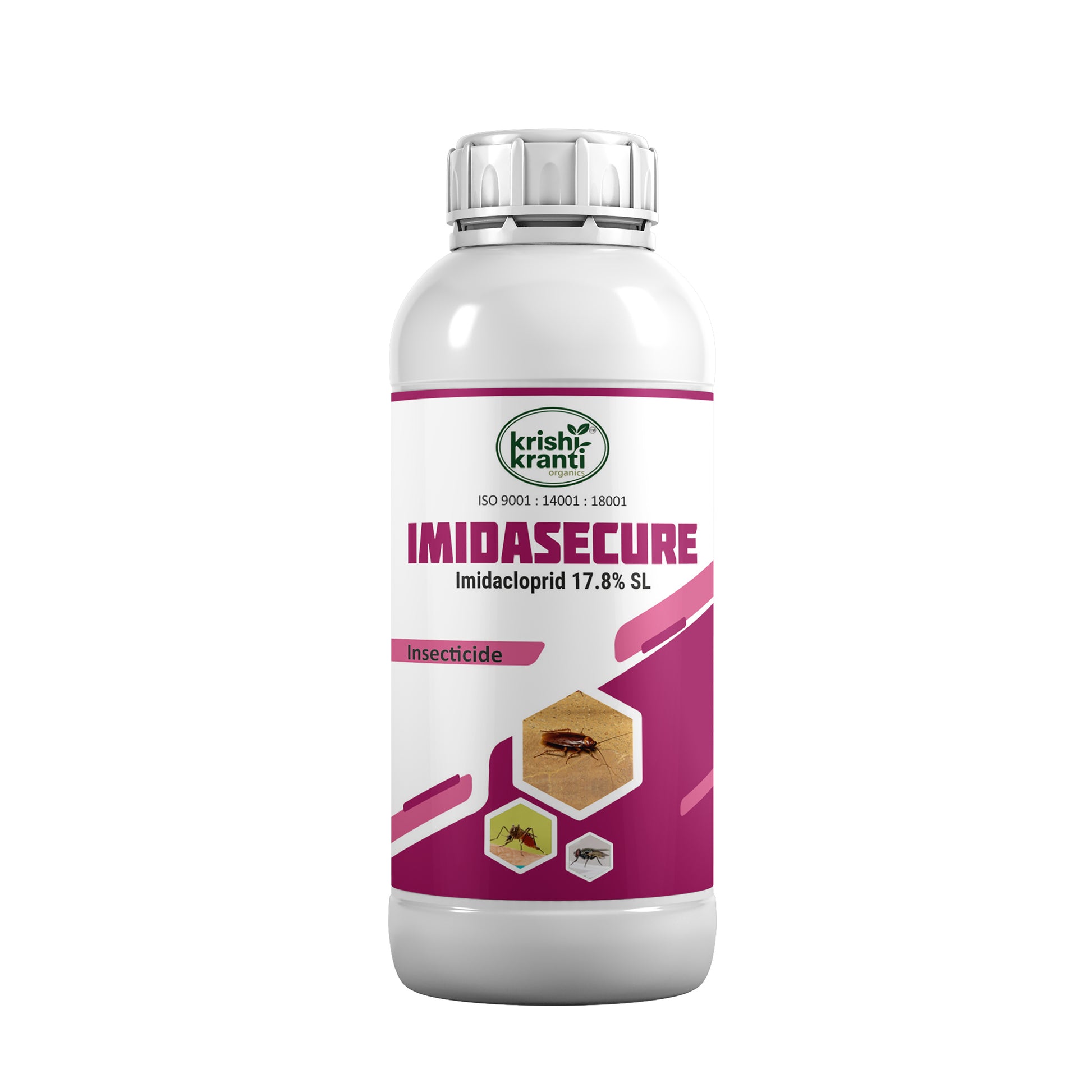 Imidasecure Imidacloprid 17.8% SL Insecticide by Krishikranti Organics for effective control of aphids, jassids, whiteflies, thrips and termites in cotton, paddy, sugarcane, vegetables and horticultural crops.