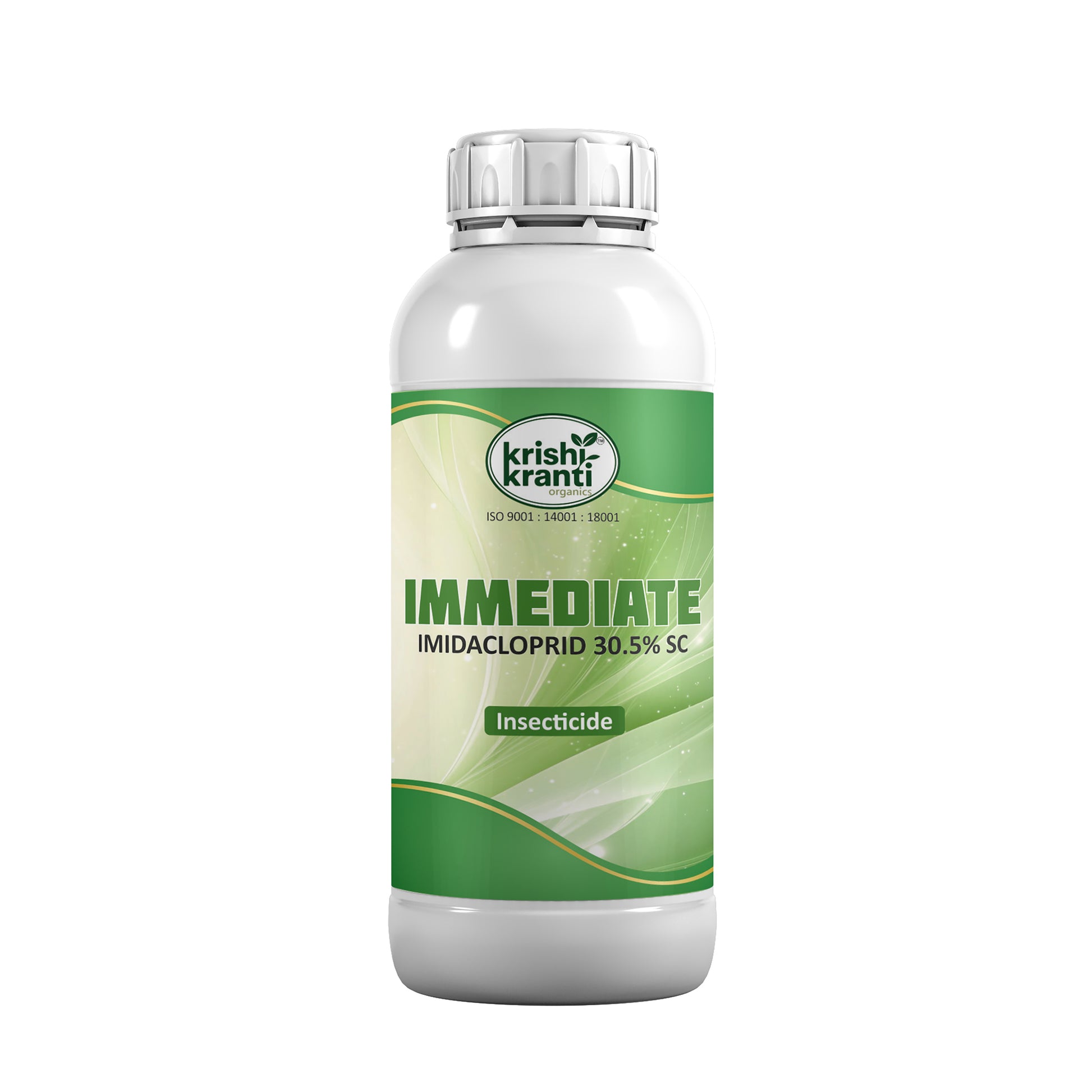 Immediate Imidacloprid 30.5% SC Insecticide by Krishikranti Organics for control of aphids, jassids, whiteflies, thrips and termites in cotton, paddy, vegetables and other crops.