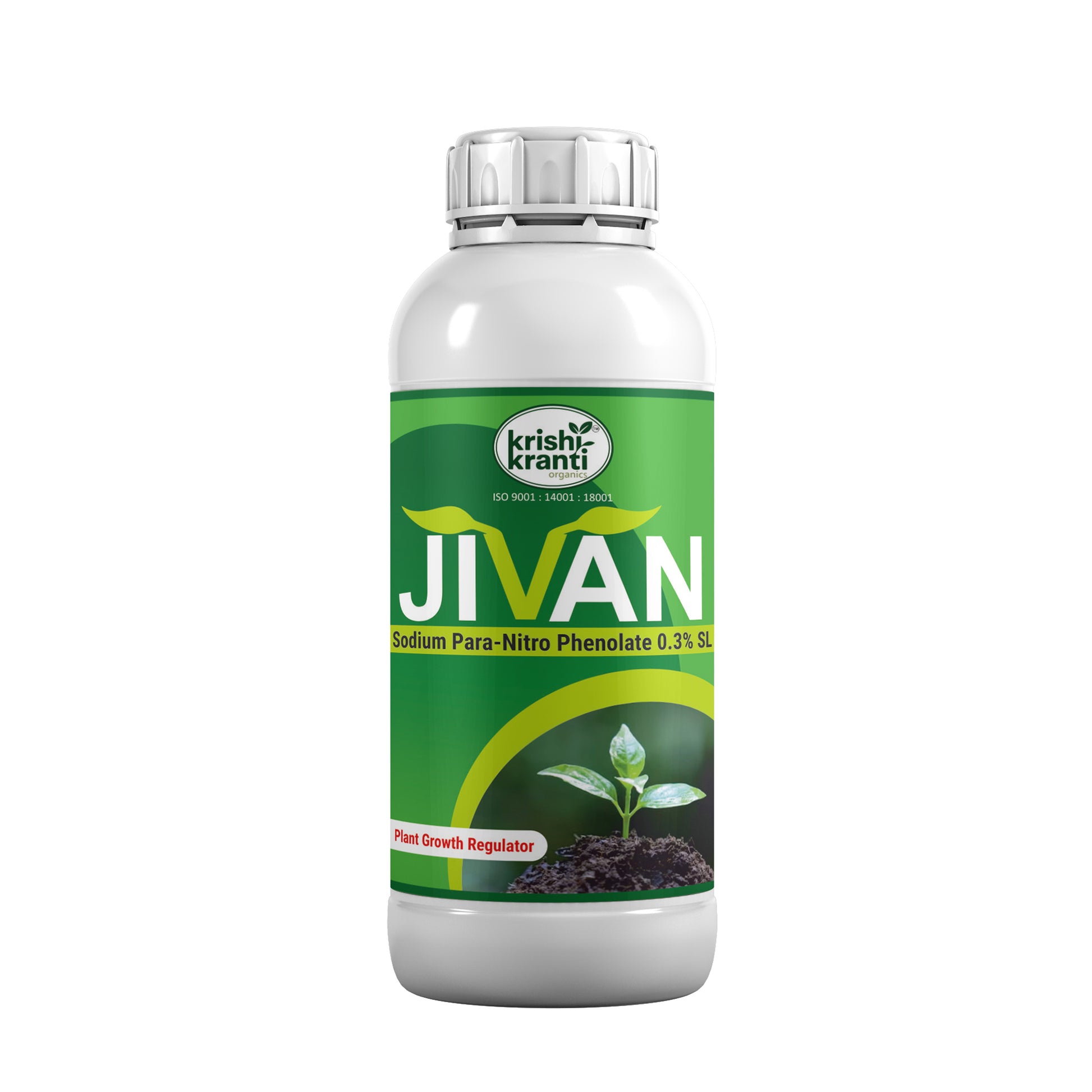 White plastic bottle of Krishi Kranti Jivan Sodium Para-Nitro Phenolate 0.3% SL plant growth regulator on a white background.