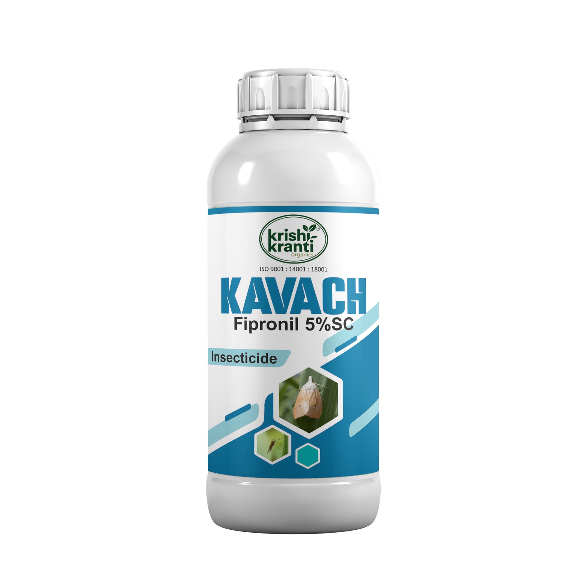 Kavach Fipronil 5% SC Insecticide by Krishikranti Organics for effective control of stem borer, leaf folder, termites, rice hispa and other sucking and chewing pests in paddy, sugarcane and field crops.