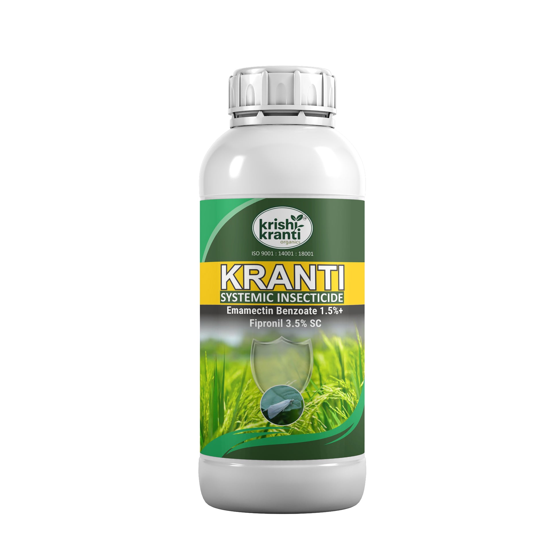 Kranti Emamectin Benzoate 1.5% + Fipronil 3.5% SC Systemic Insecticide by Krishikranti Organics for effective control of stem borer, leaf folder, thrips, caterpillars and other chewing pests in paddy, cotton and vegetable crops.