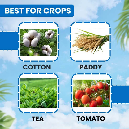 Images of cotton, paddy, tea, and tomato with text 'Best for Crops' on a blue background.