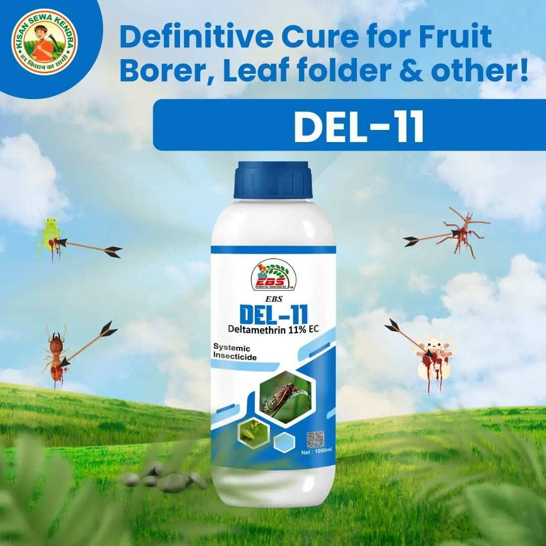 Bottle of krishikranti DEL-11 insecticide with a scenic background and text about pest control.