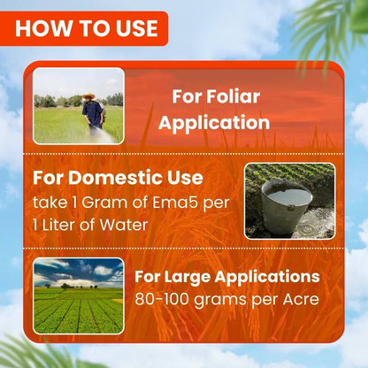 Instructions for foliar application on a red background with text and images of a person, bucket, and field.