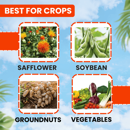 Images of safflower, soybean, groundnuts, and vegetables with text 'Best for Crops' on a blue sky background.
