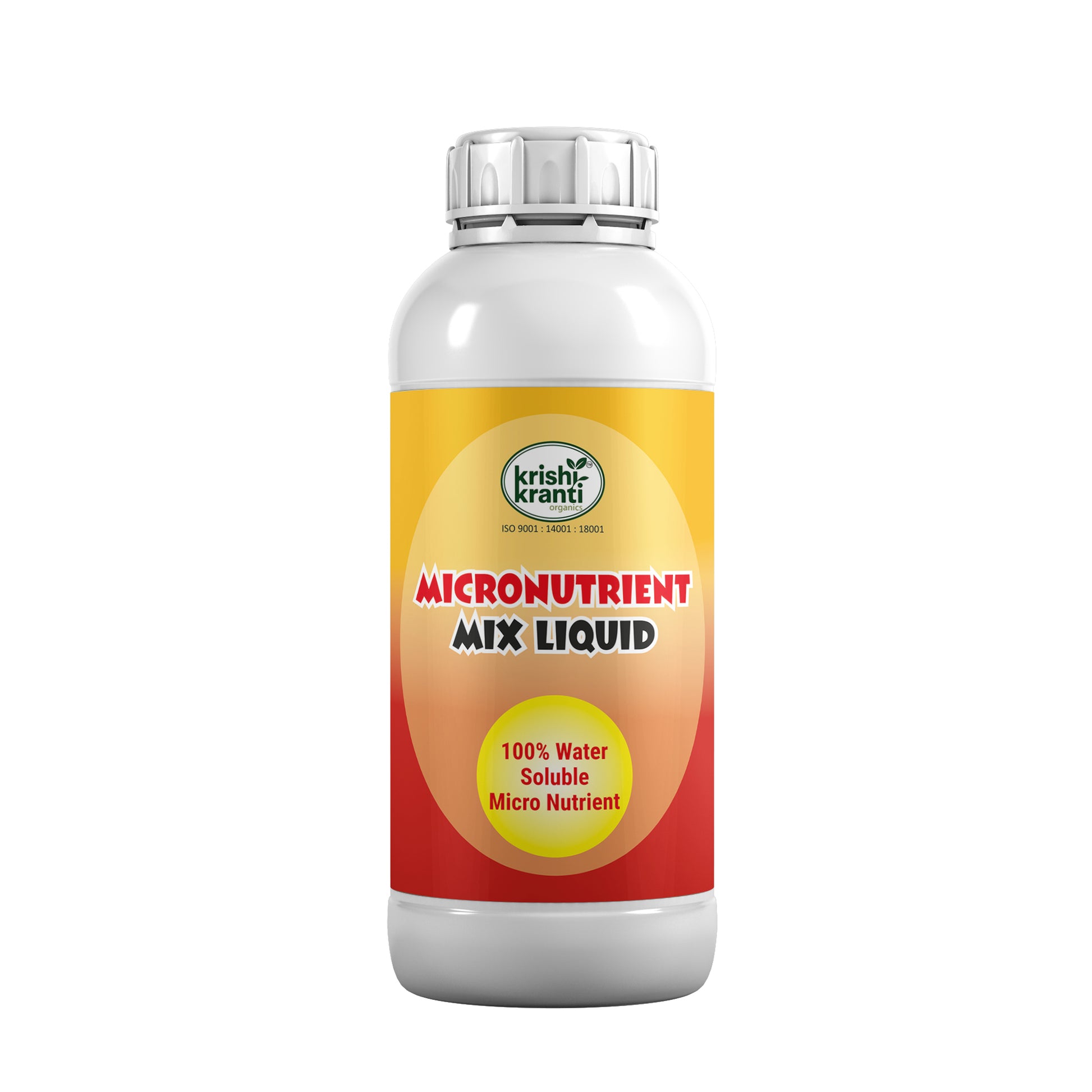White plastic bottle of Krishi Kranti Micronutrient Mix Liquid, 100% water soluble micronutrient, on a white background.