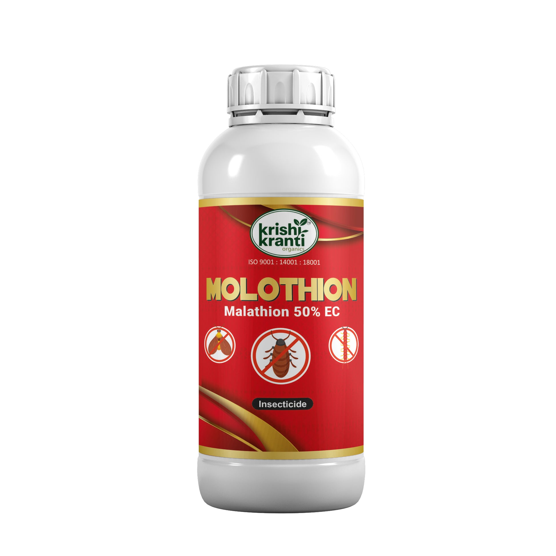 Molothion Malathion 50% EC Insecticide by Krishikranti Organics for effective control of aphids, jassids, whiteflies, mealybugs, fruit flies and other sucking pests in cotton, vegetables, fruits and field crops.