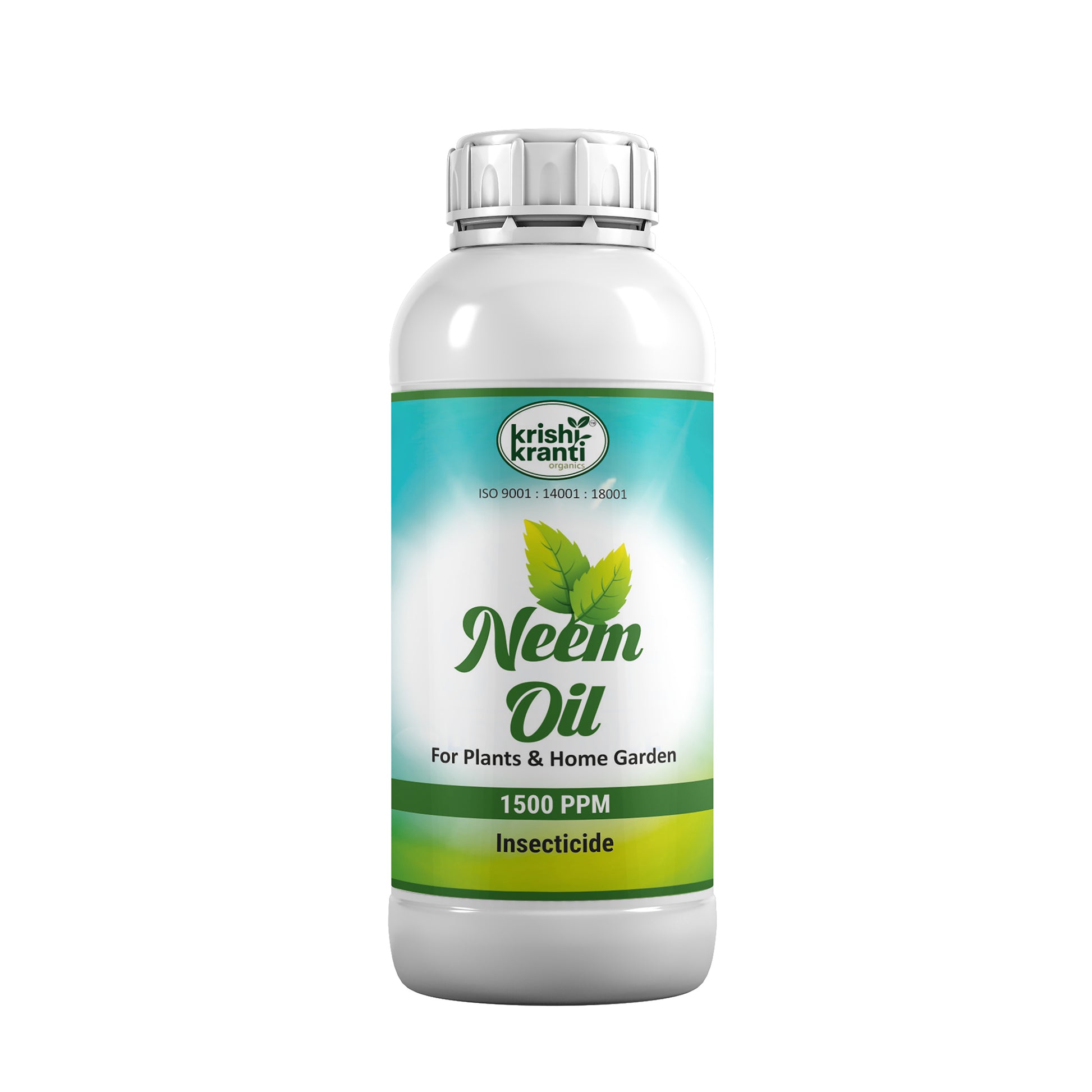 White plastic bottle of Krishi Kranti Neem Oil 1500 PPM insecticide for plants and home garden on a white background