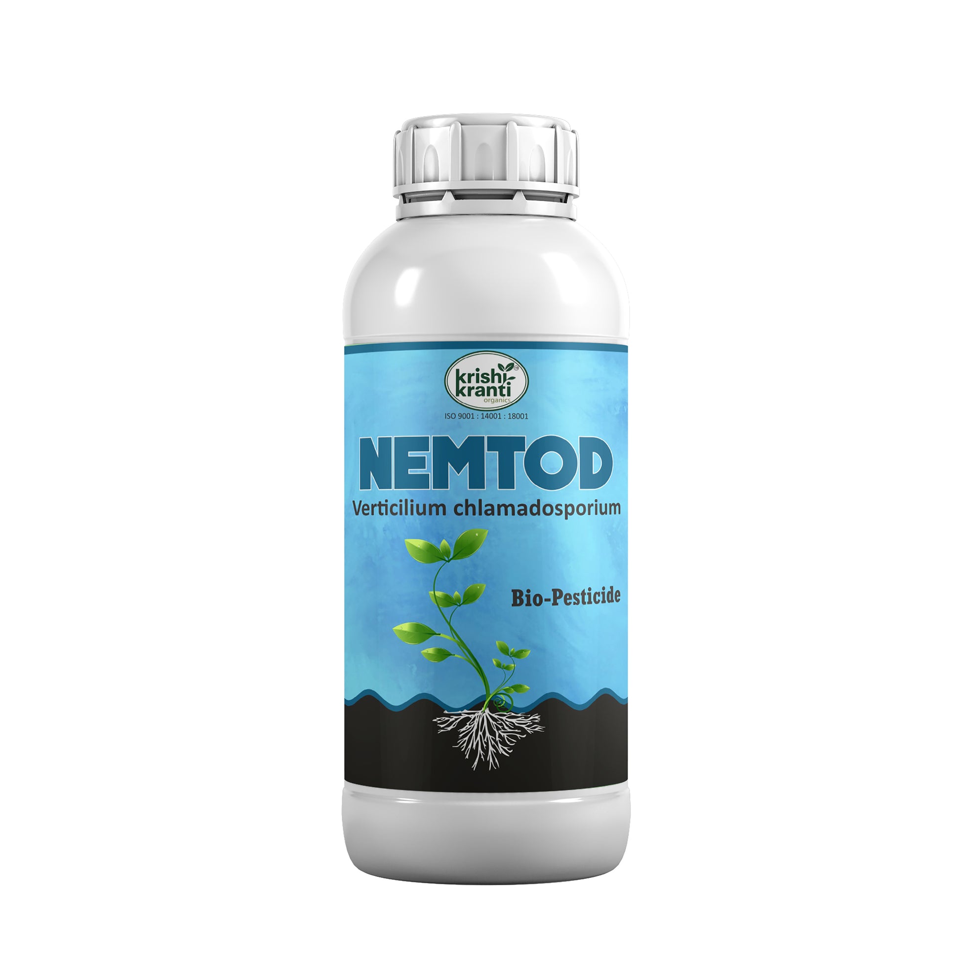 White plastic bottle of Krishi Kranti Nemtod Verticilium chlamadosporium bio-pesticide on a white background.
