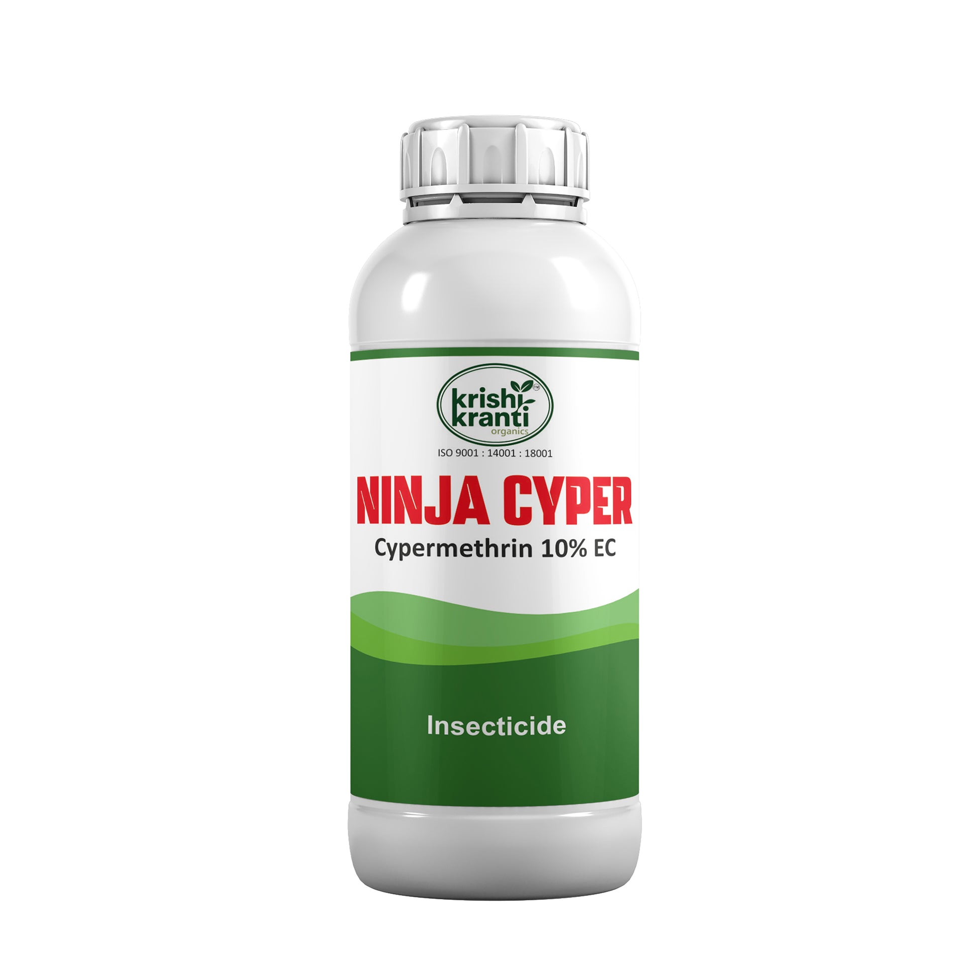 White plastic bottle of Krishi Kranti Ninja Cyper Cypermethrin 10% EC insecticide on a white background.