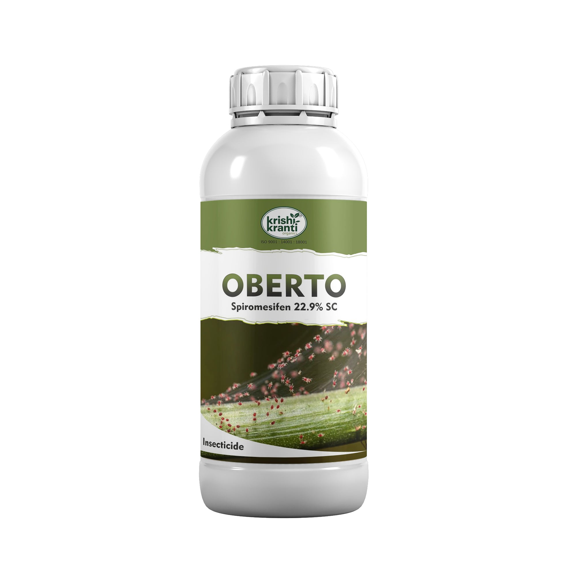Oberto Spiromesifen 22.9% SC insecticide bottle for effective control of whiteflies and red spider mites in chilli, cotton, brinjal, tomato, and other vegetable crops.