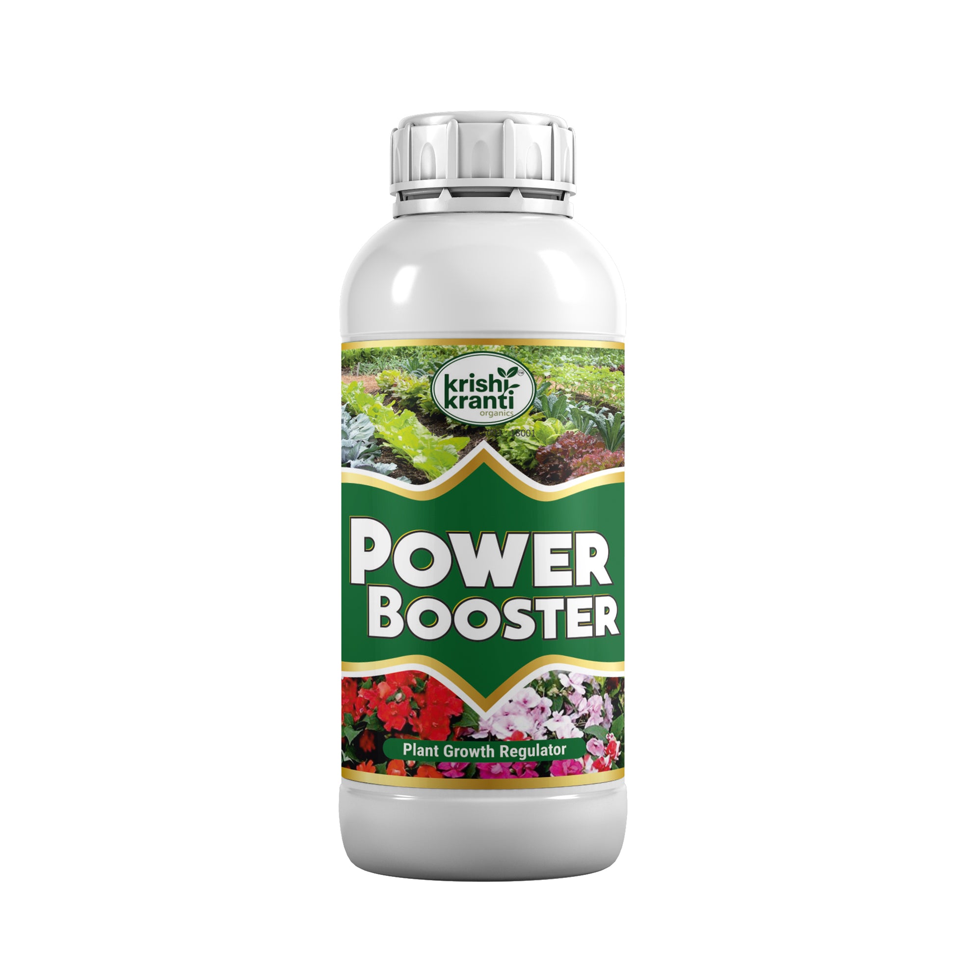 White plastic bottle of Krishi Kranti Power Booster plant growth regulator on a white background