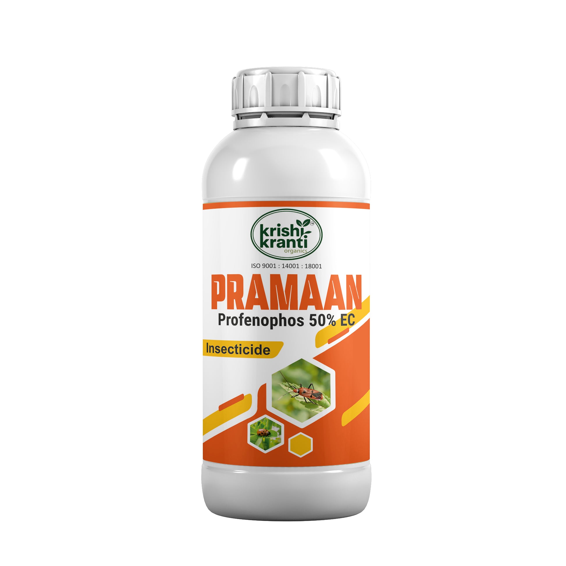 White plastic bottle of Krishi Kranti Pramaan Profenophos 50% EC insecticide on a white background