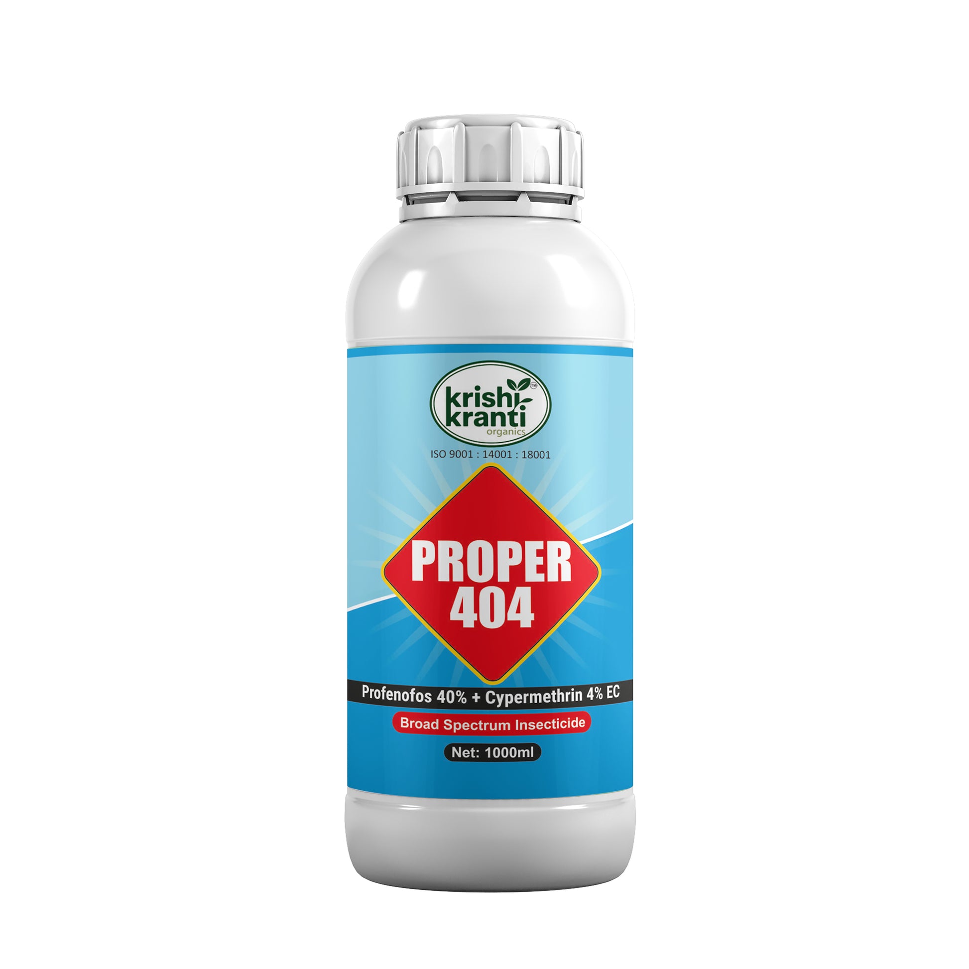 1000ml white plastic bottle of Krishi Kranti Proper 404 Plant Protector (Profenofos 40% + Cypermethrin 4% EC broad spectrum insecticide) on a white background.