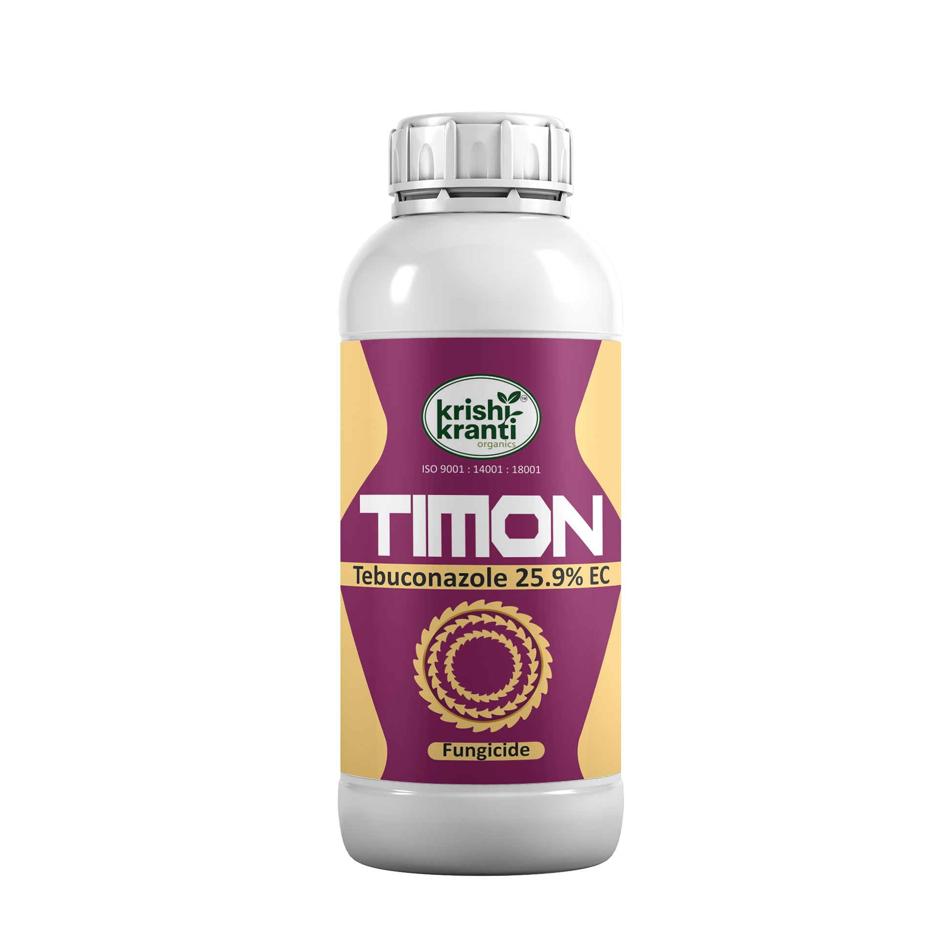 Tebuconazole 25.9% EC Systemic Fungicide Timon by Krishikranti for effective control of rust, powdery mildew, leaf spot, sheath blight and other fungal diseases in cereals, vegetables and fruit crops.