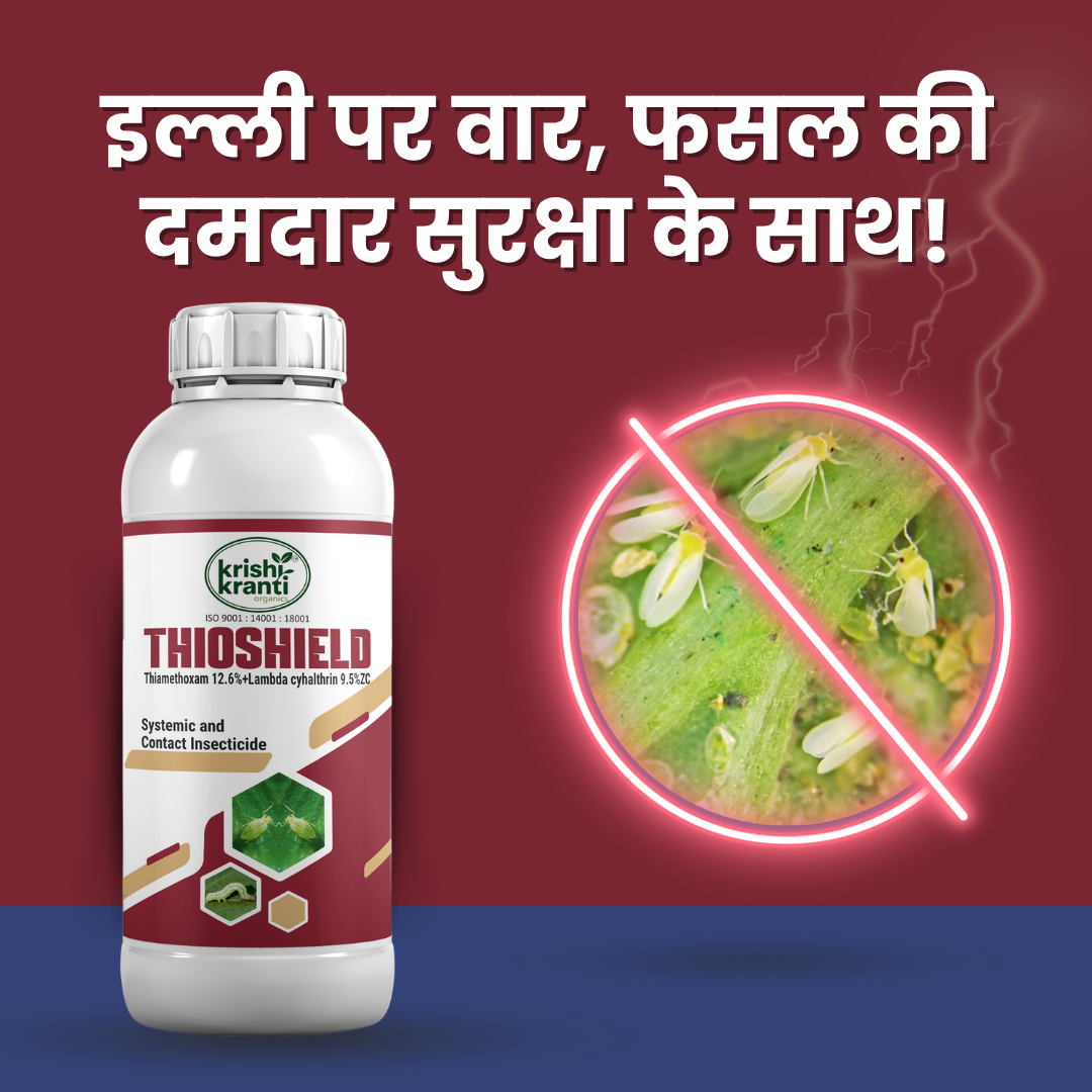 Thioshield insecticide bottle containing Thiamethoxam 12.6% and Lambda-cyhalothrin 9.5% ZC, with a graphic illustrating whitefly control on crop leaves.