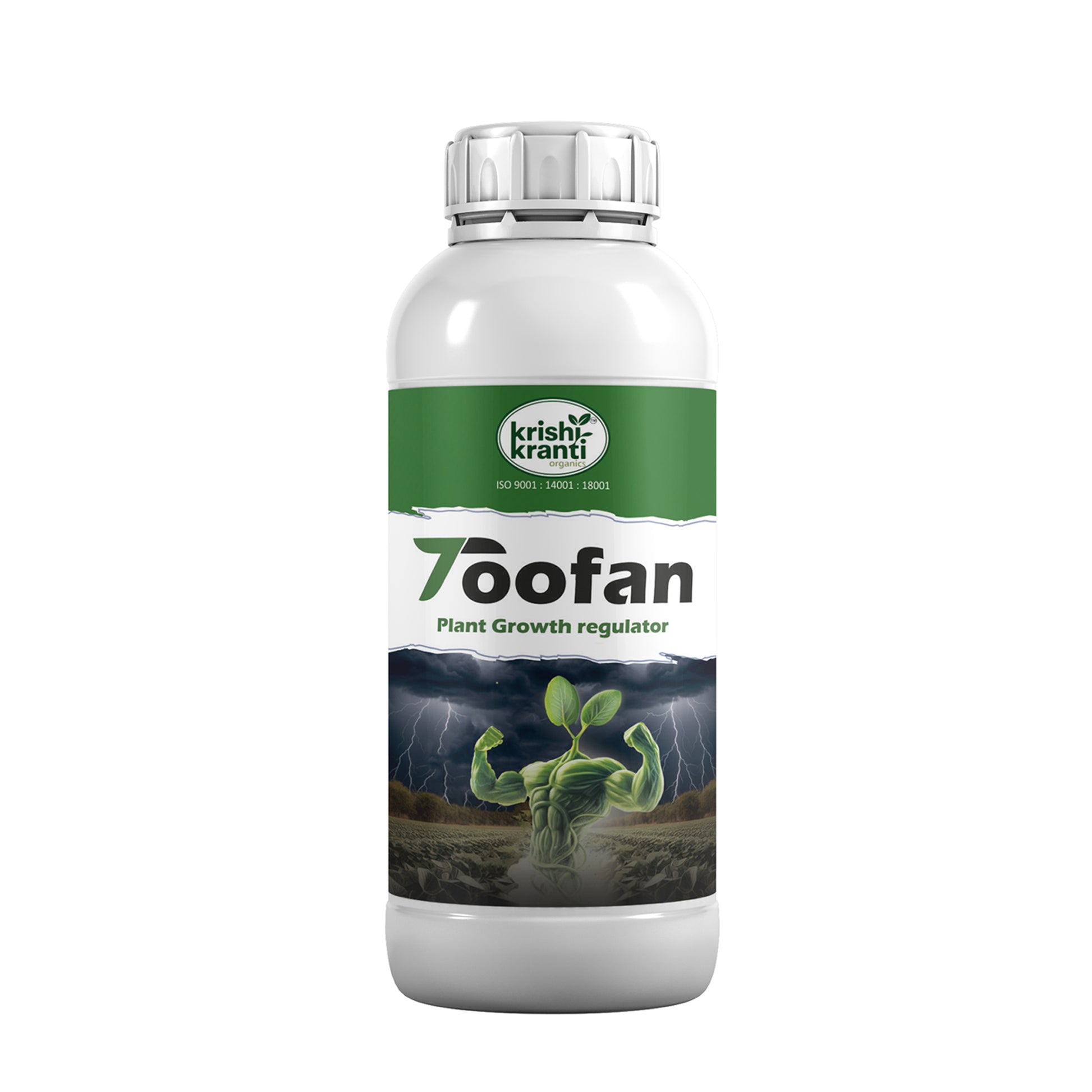 White plastic bottle of Krishi Kranti Toofan plant growth regulator on a white background