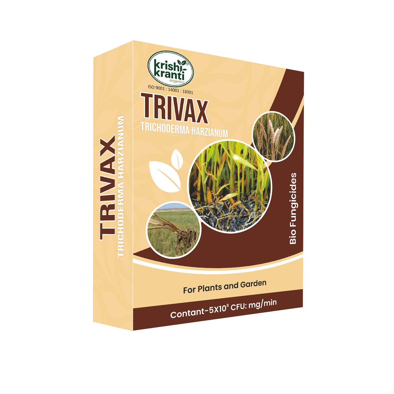 Trichoderma Harzianum Bio Fungicide 5 × 10⁸ CFU by Krishikranti Trivax for effective control of root rot, damping off, wilt and other soil borne fungal diseases in all crops.
