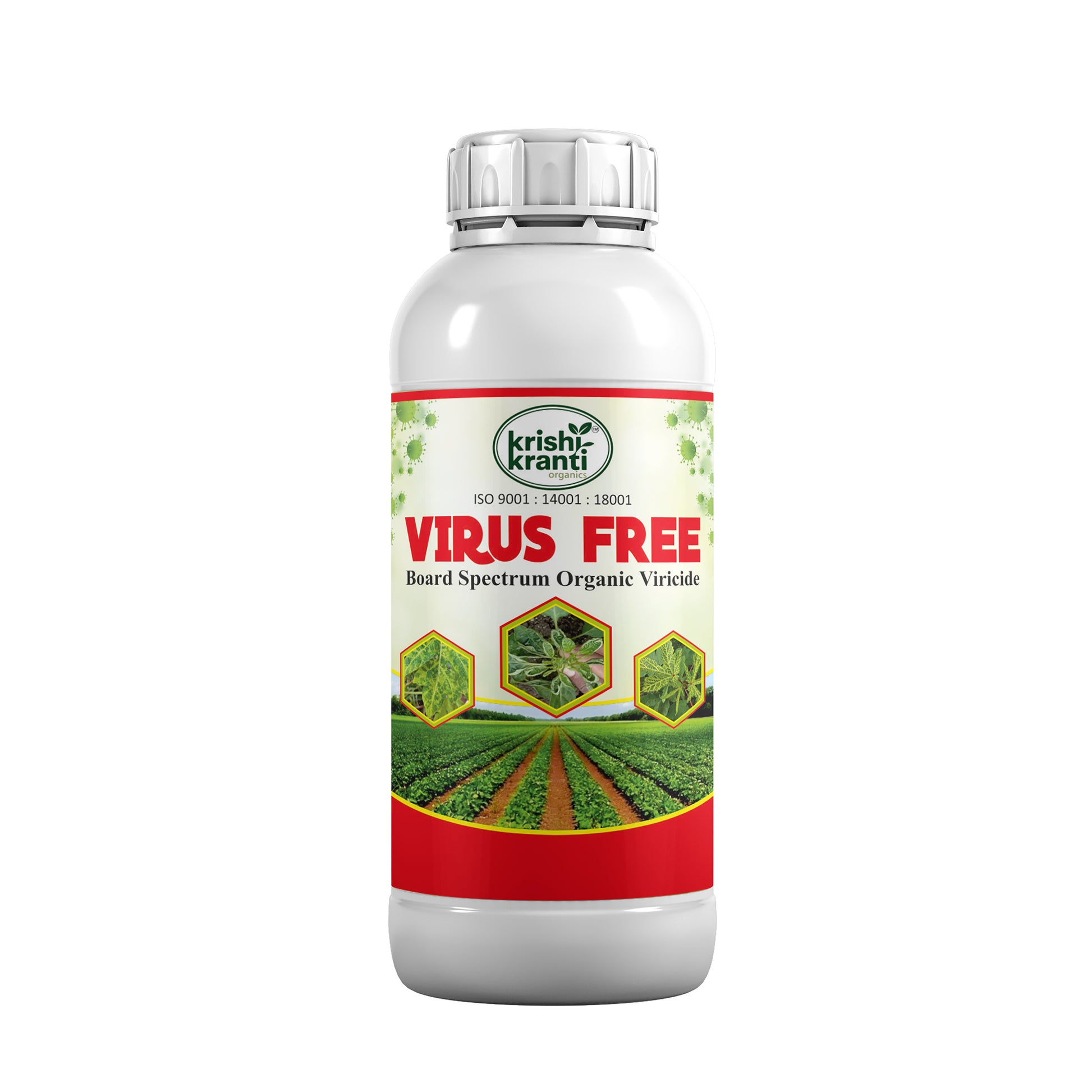White plastic bottle of Krishi Kranti Virus Free broad spectrum organic viricide on a white background.